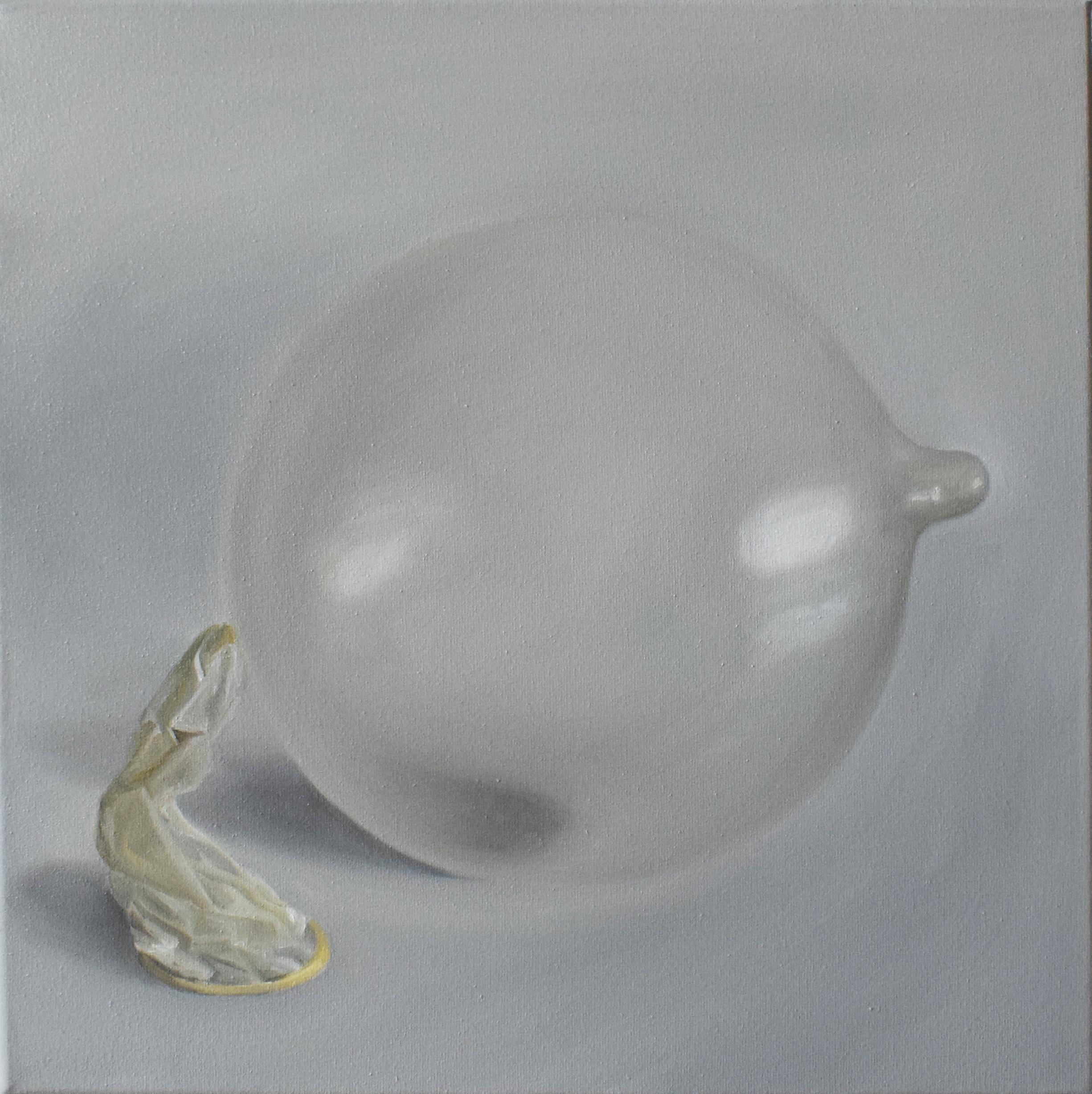 Pittura ad olio Pop Art minimalista - Preservativo gonfiato bianco con riflessi morbidi