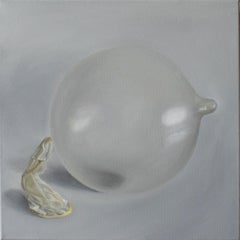 Minimalist Pop Art Oil Painting – White Inflated Condom with Soft Reflections