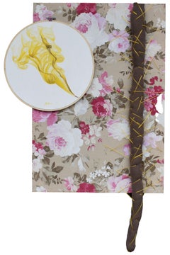 Mixed Media Wall Composition with Embroidery Hoop and Fabric Tail on Floral Back