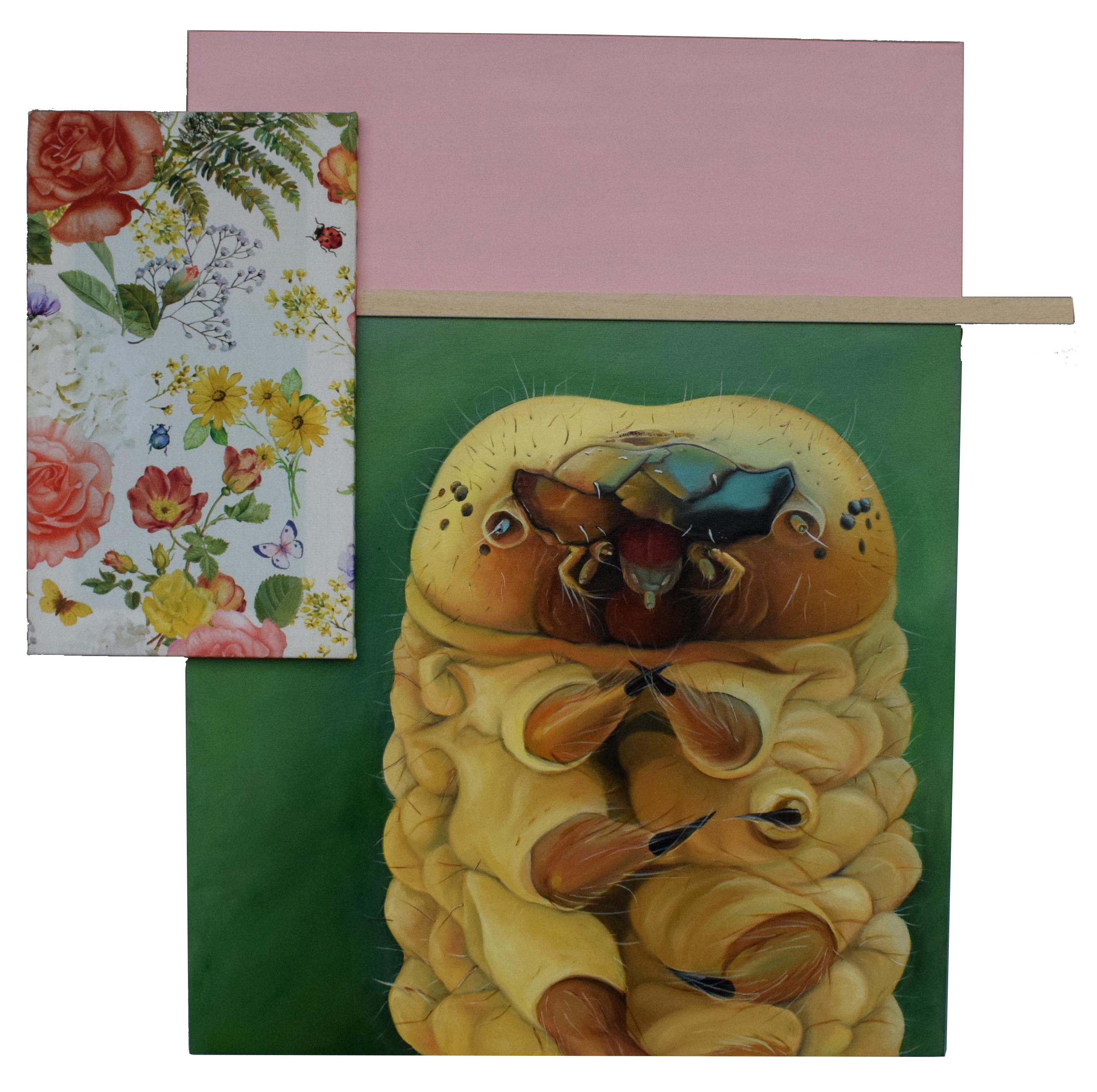 María Magán Animal Painting - Mixed Media Wall Composition with Oil Painting of Caterpillar Floral Textile