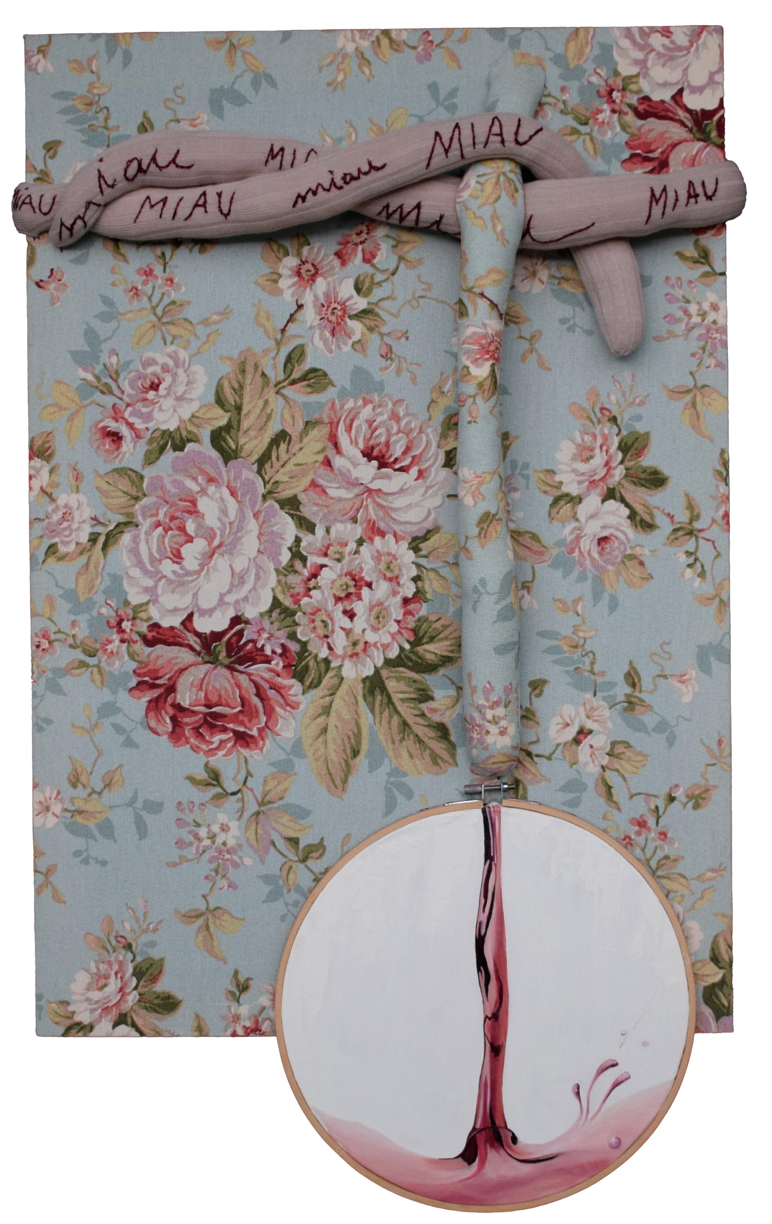 María Magán Abstract Sculpture - Mixed Media Wall Composition with Embroidery Hoop and Cat Motif on Floral Fabric