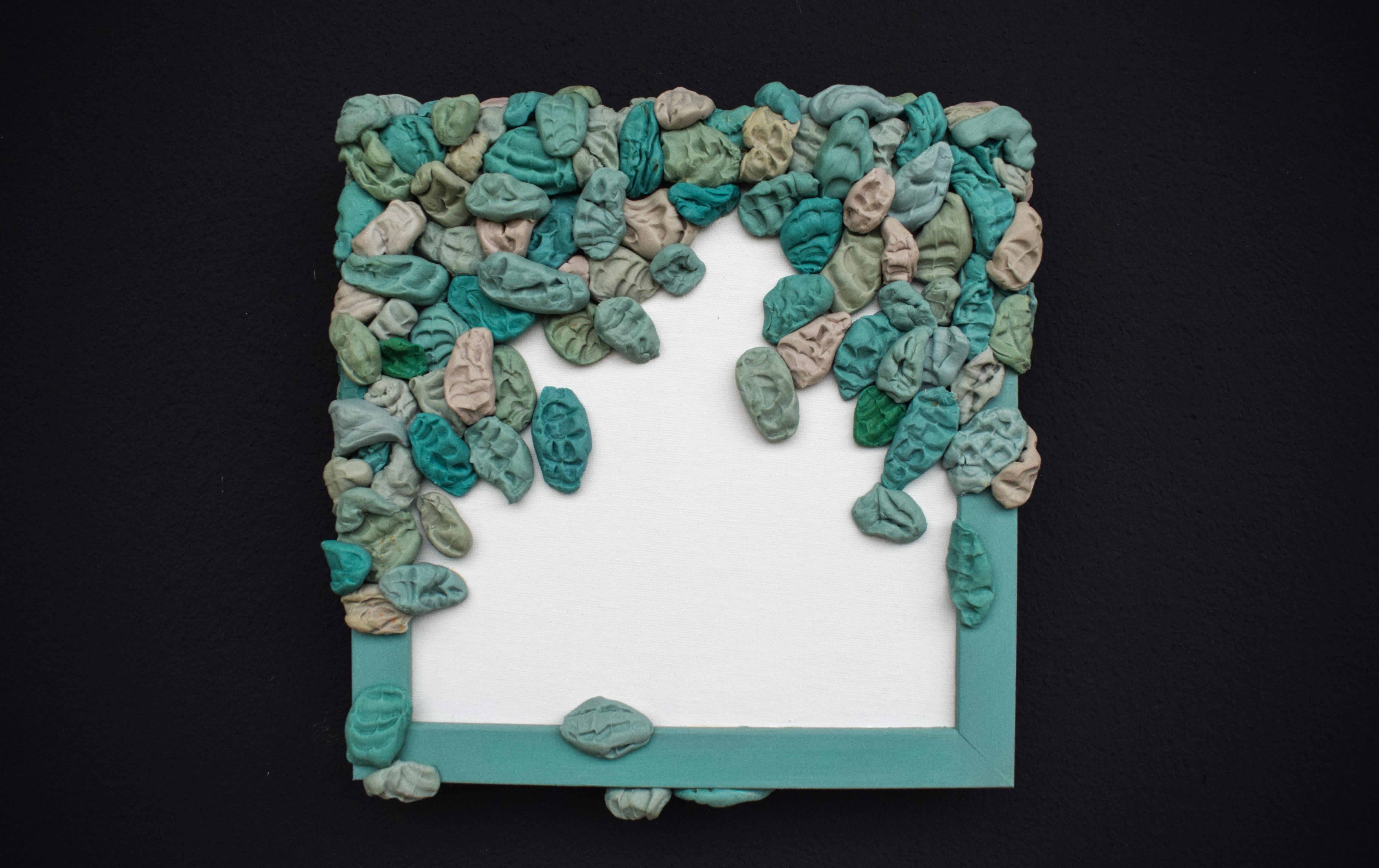 Wall Mounted Pop Object Sculpture with Silicone Chewing Gum Forms and Wood Frame - Brown Abstract Sculpture by María Magán