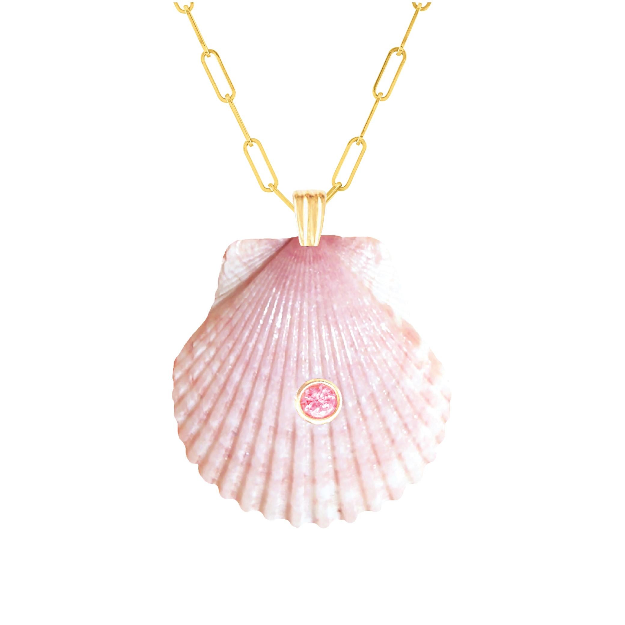 Round Cut Mara Natural Shell Pendant with 14k Gold and Natural Pink Tourmaline Gemstone For Sale