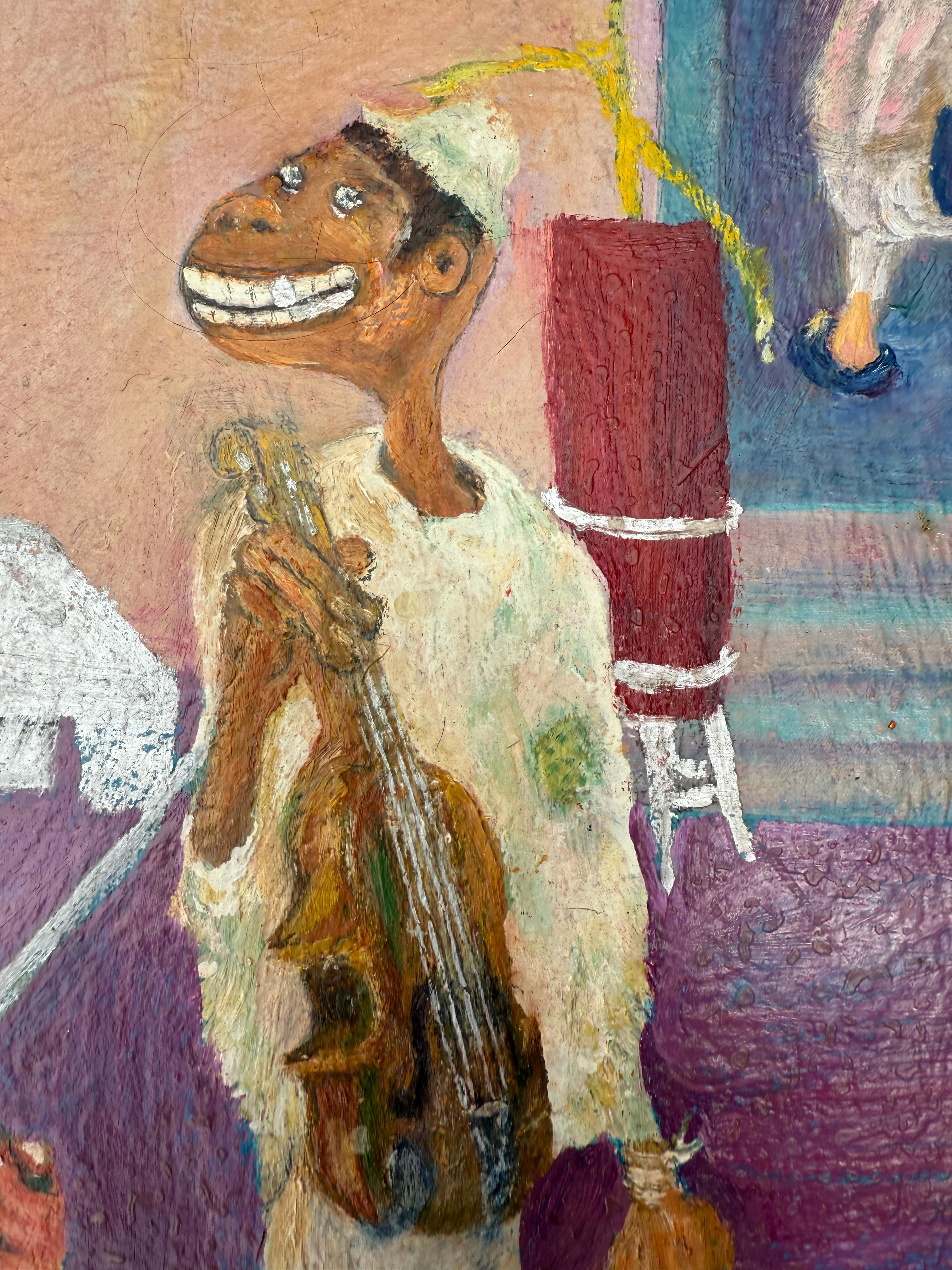 Music School oil on canvas painting - Gray Figurative Painting by María Paulina Díez MacGrove