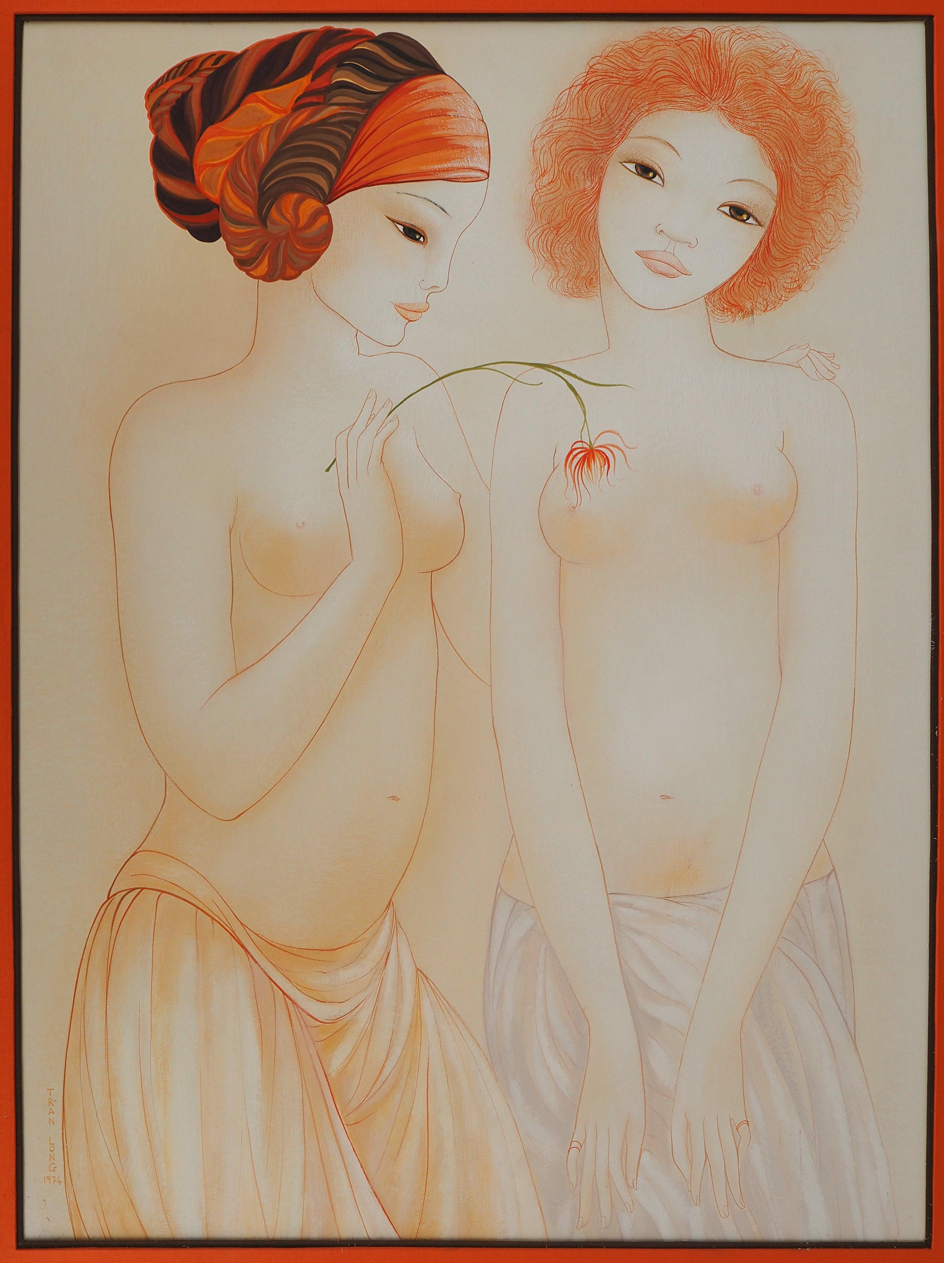 Deux nus jouant avec une fleur - Peinture originale à la gouache et à l'aquarelle -SIGNÉ - Moderne Painting par Mara TRAN LONG