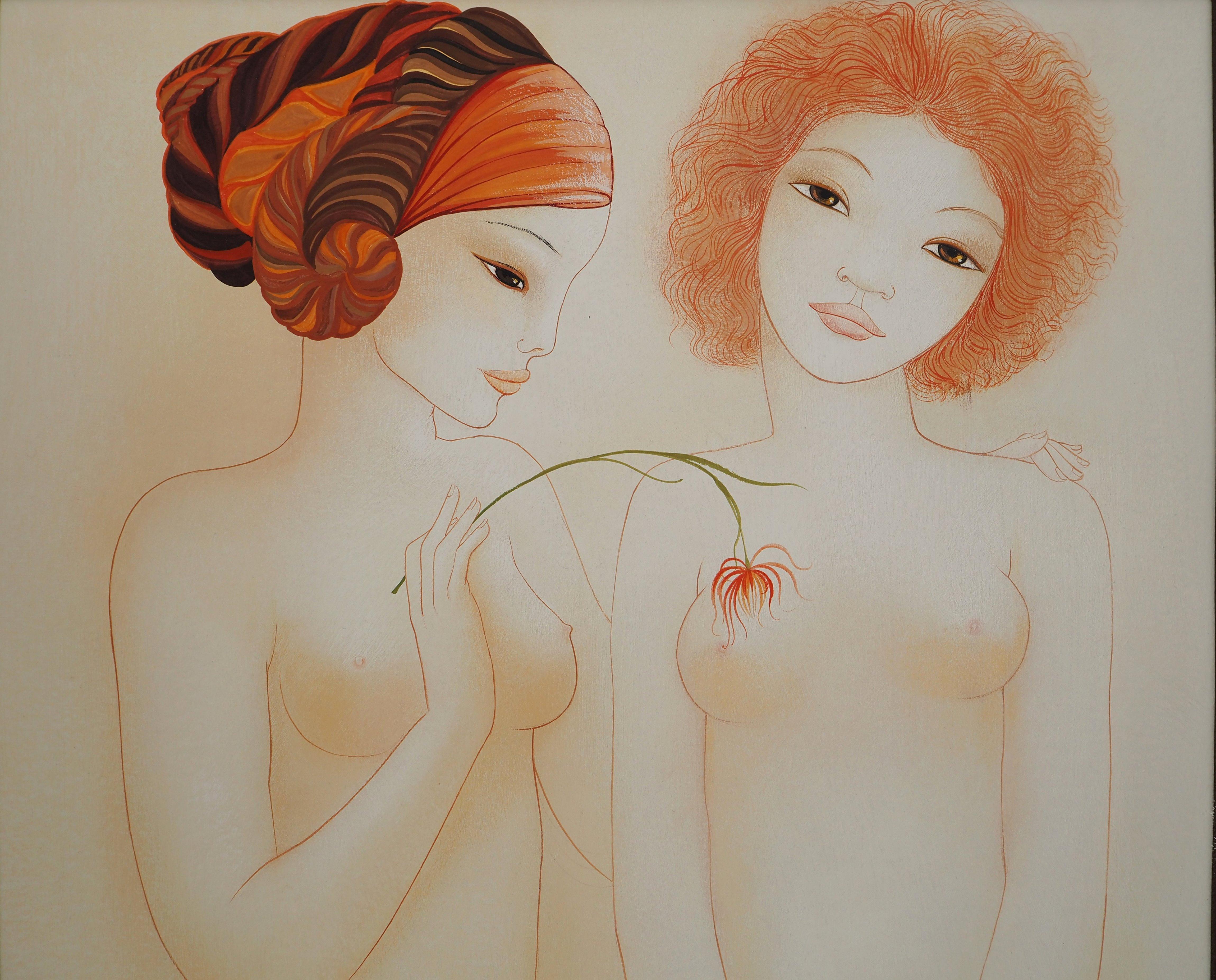 Deux nus jouant avec une fleur - Peinture originale à la gouache et à l'aquarelle -SIGNÉ - Marron Nude Painting par Mara TRAN LONG
