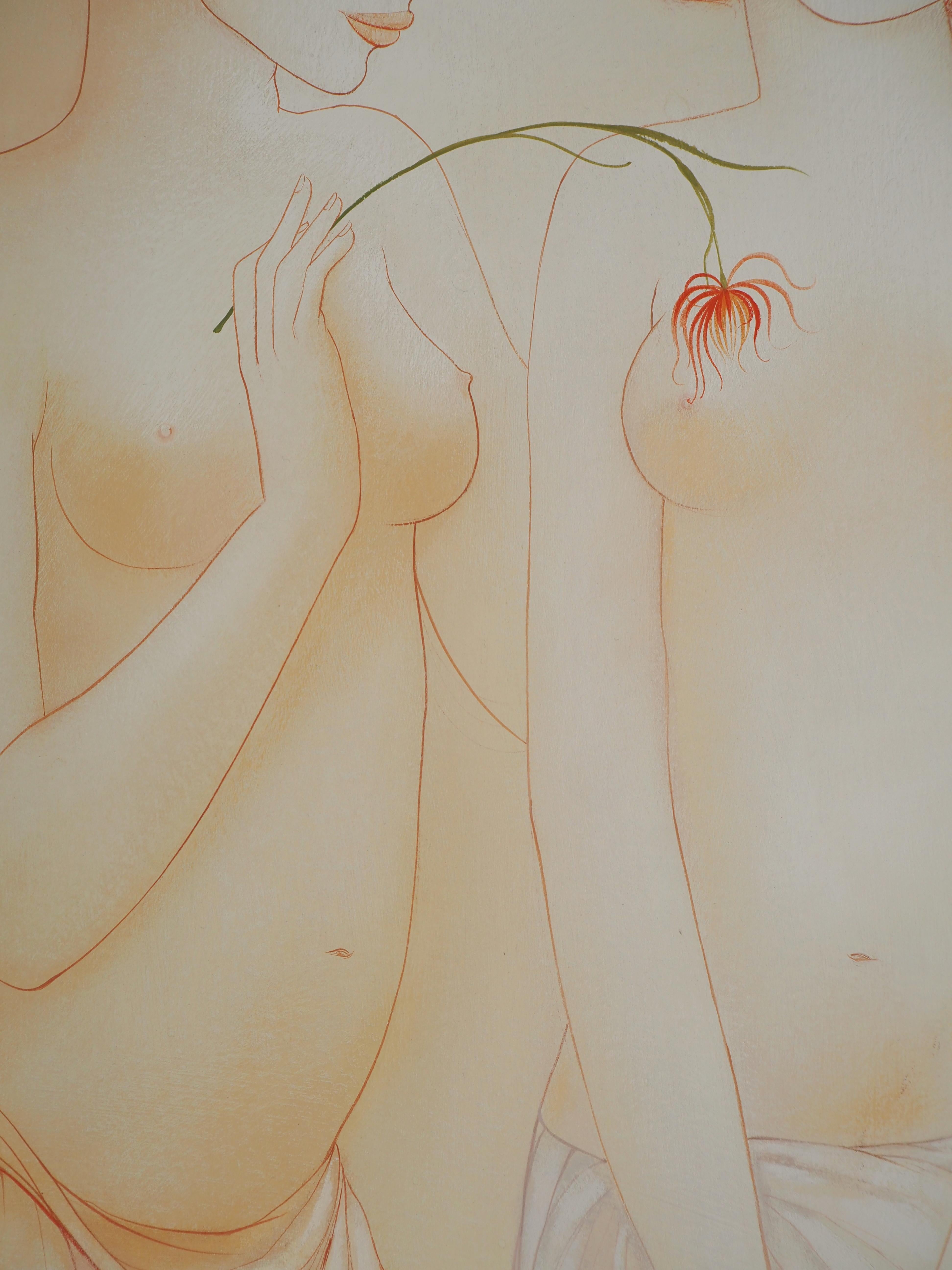 Mara TRAN LONG (1935-)
Deux nus jouant avec une fleur , 1974

Gouache, aquarelle et encre sur panneau
Signé en bas à gauche
Daté de 1974
Authentifié au verso par l'artiste
Sur carton 62,5 x 46,5 cm à vue
Présenté dans un passepartout 81 x 65,5