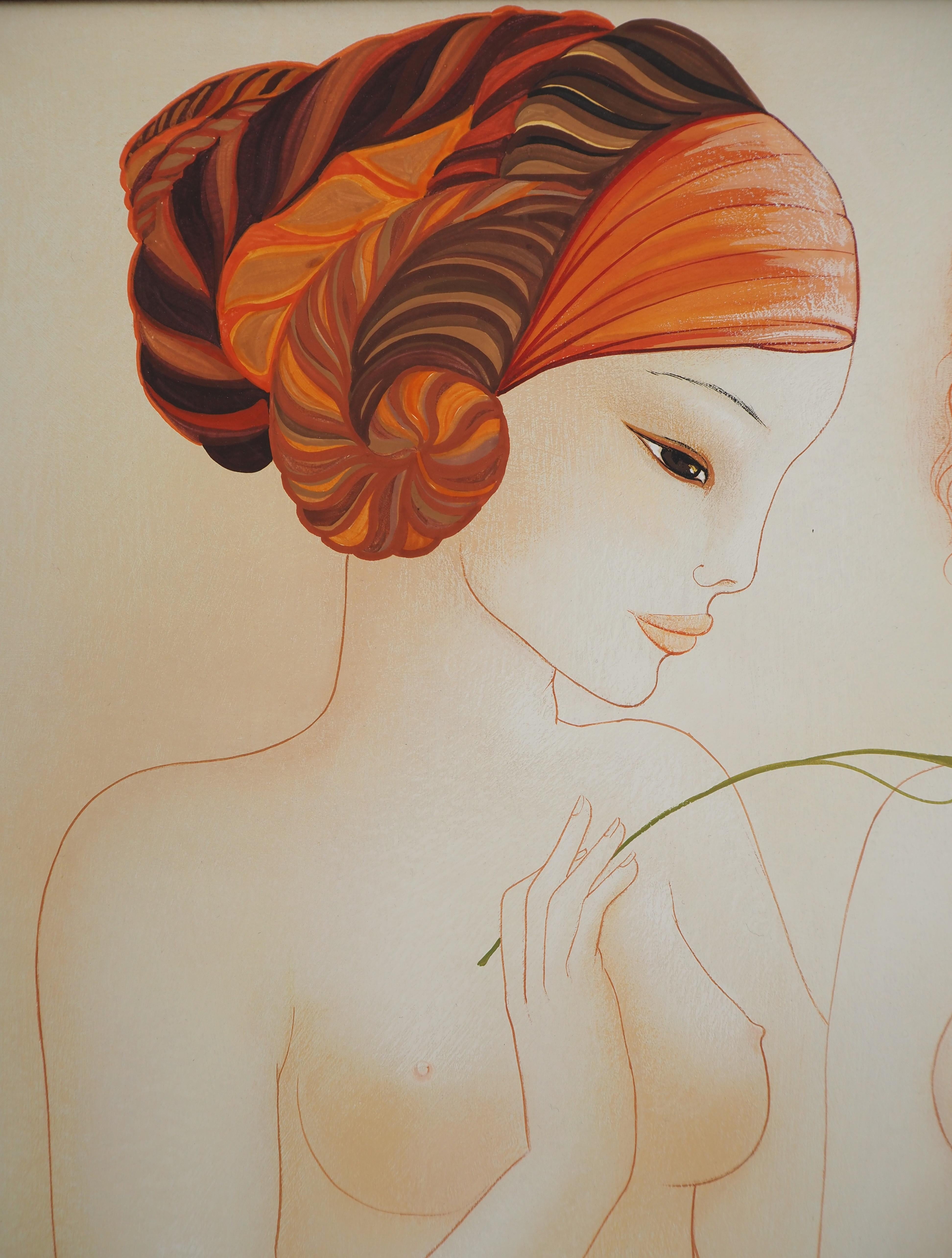 Deux nus jouant avec une fleur - Peinture originale à la gouache et à l'aquarelle -SIGNÉ 1