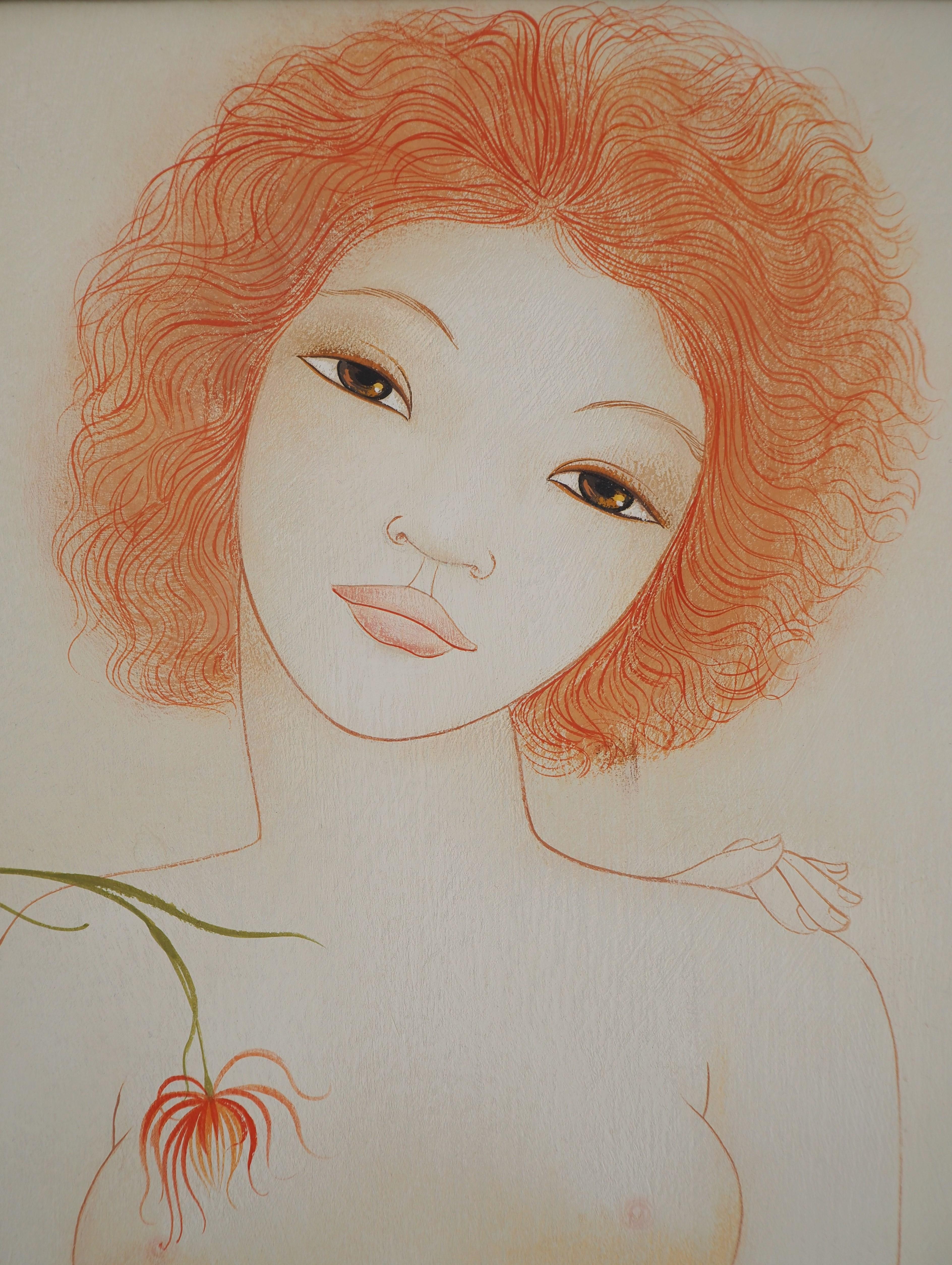 Deux nus jouant avec une fleur - Peinture originale à la gouache et à l'aquarelle -SIGNÉ 2