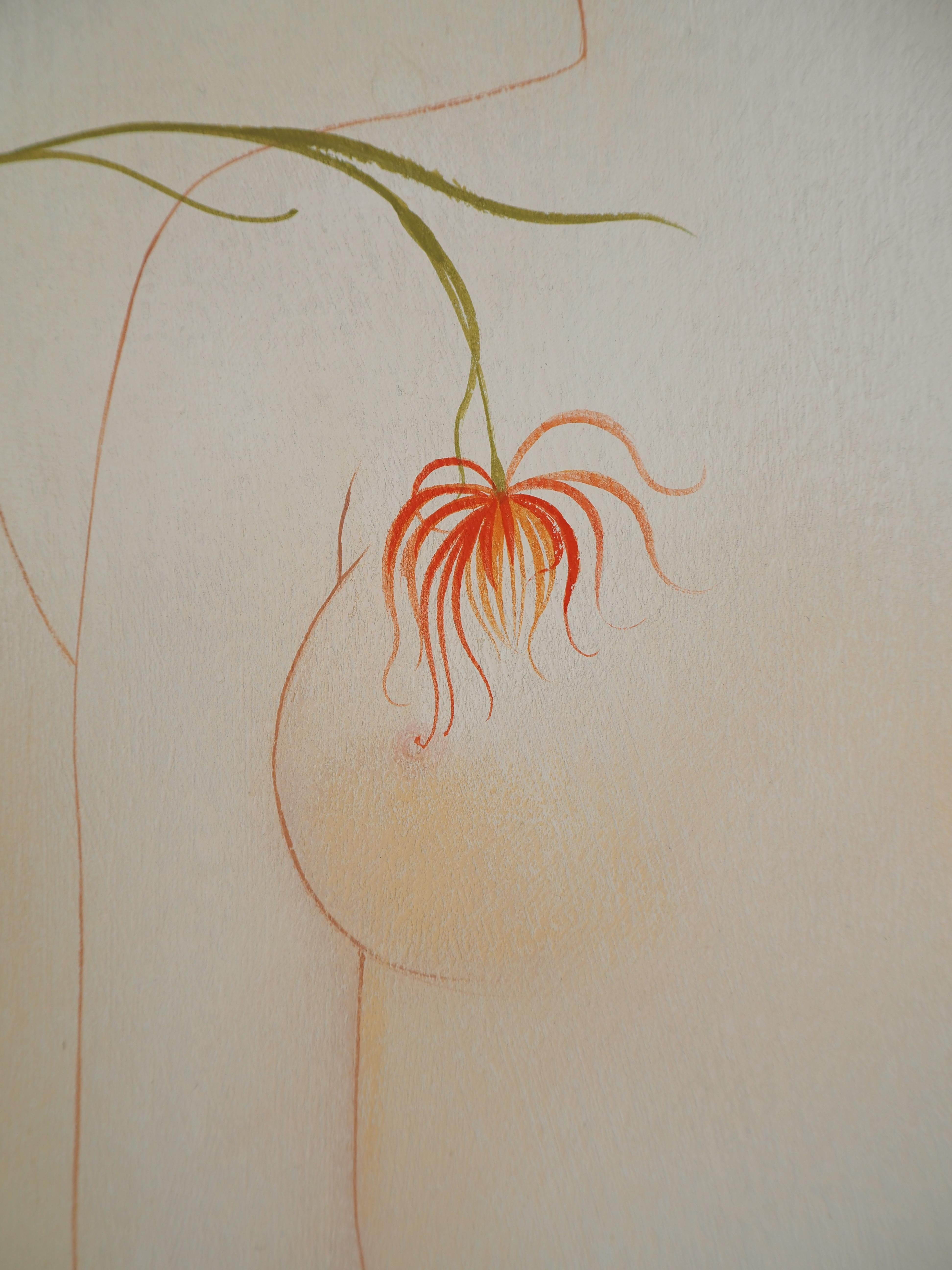 Deux nus jouant avec une fleur - Peinture originale à la gouache et à l'aquarelle -SIGNÉ 3