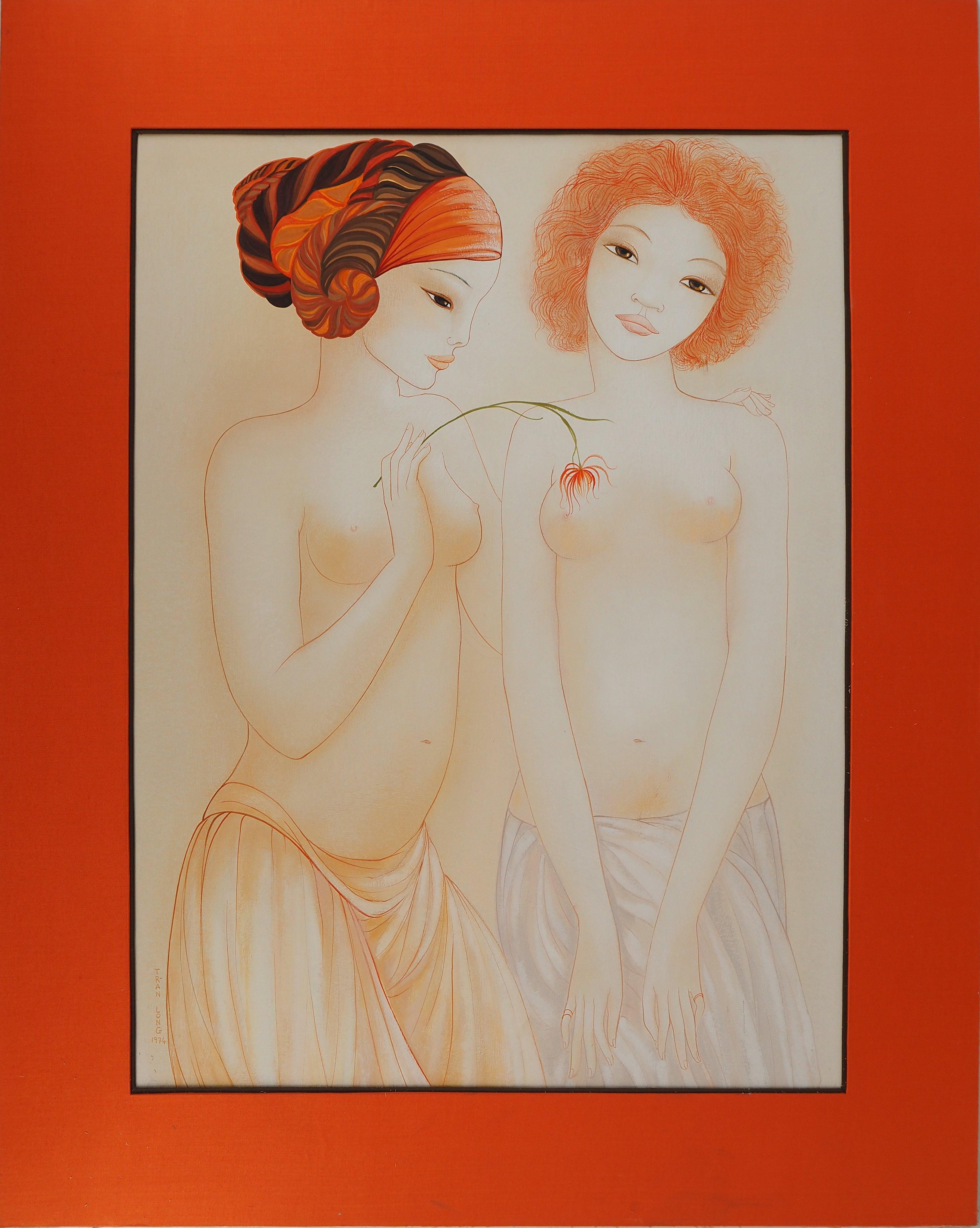 Nude Painting Mara TRAN LONG - Deux nus jouant avec une fleur - Peinture originale à la gouache et à l'aquarelle -SIGNÉ