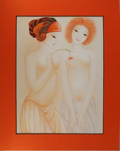 Deux nus jouant avec une fleur - Peinture originale à la gouache et à l'aquarelle -SIGNÉ