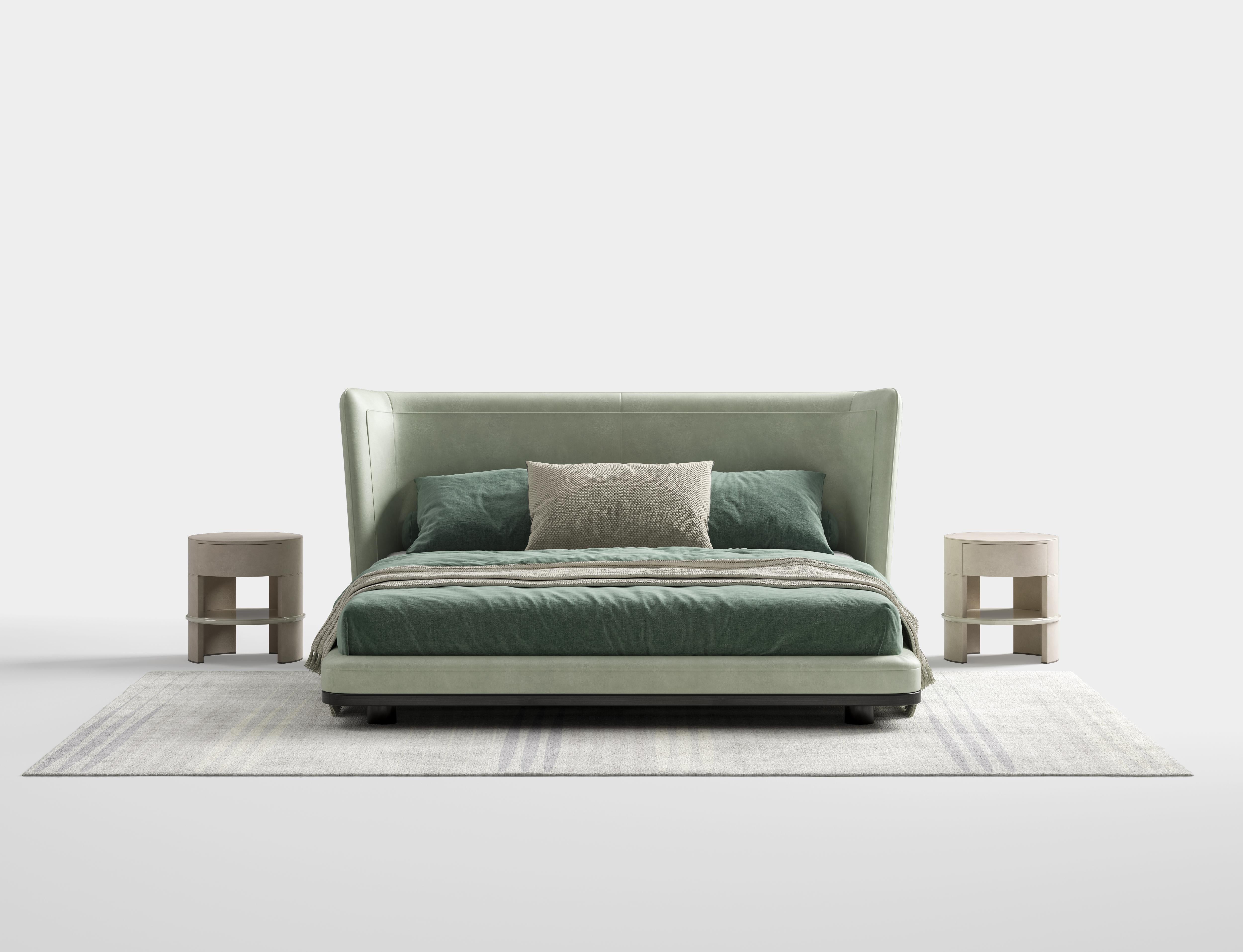 This bed features a sturdy wooden frame, offering a timeless and elegant foundation. The structure can be upholstered in your choice of high-quality leather or fabric, allowing for a customizable look that suits various interior styles. The
