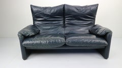 Maralunga 2-Seat Sofa by Vico Magistretti for Cassina in Dark Blue Leather, 1970
