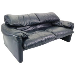 Maralunga 2-Seat Sofa by Vico Magistretti for Cassina in Dark Blue Leather, 1970