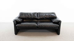 Maralunga 2-Seat Sofa in Black Leather by Vico Magistretti for Cassina, Italy
