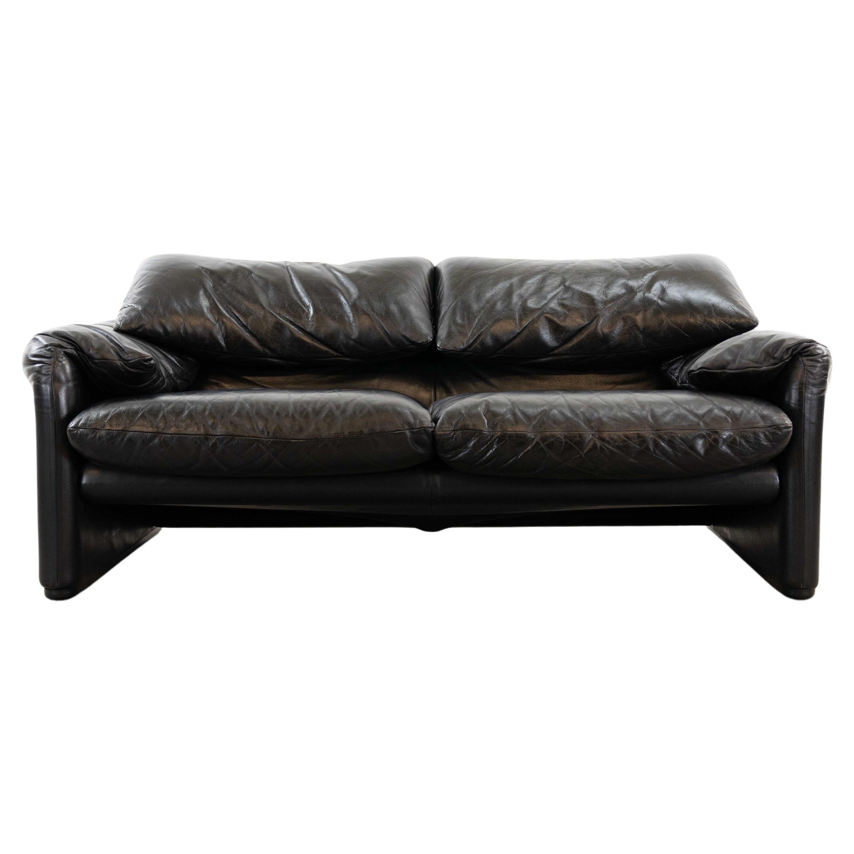 Maralunga 2-Seat Sofa in Black Leather by Vico Magistretti for Cassina, Italy