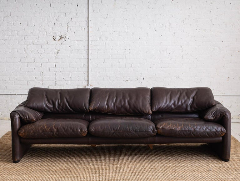 Maralunga 3 Seat Sofa by Vico Magistretti for Cassina in Chocolate Brown  Leather at 1stDibs