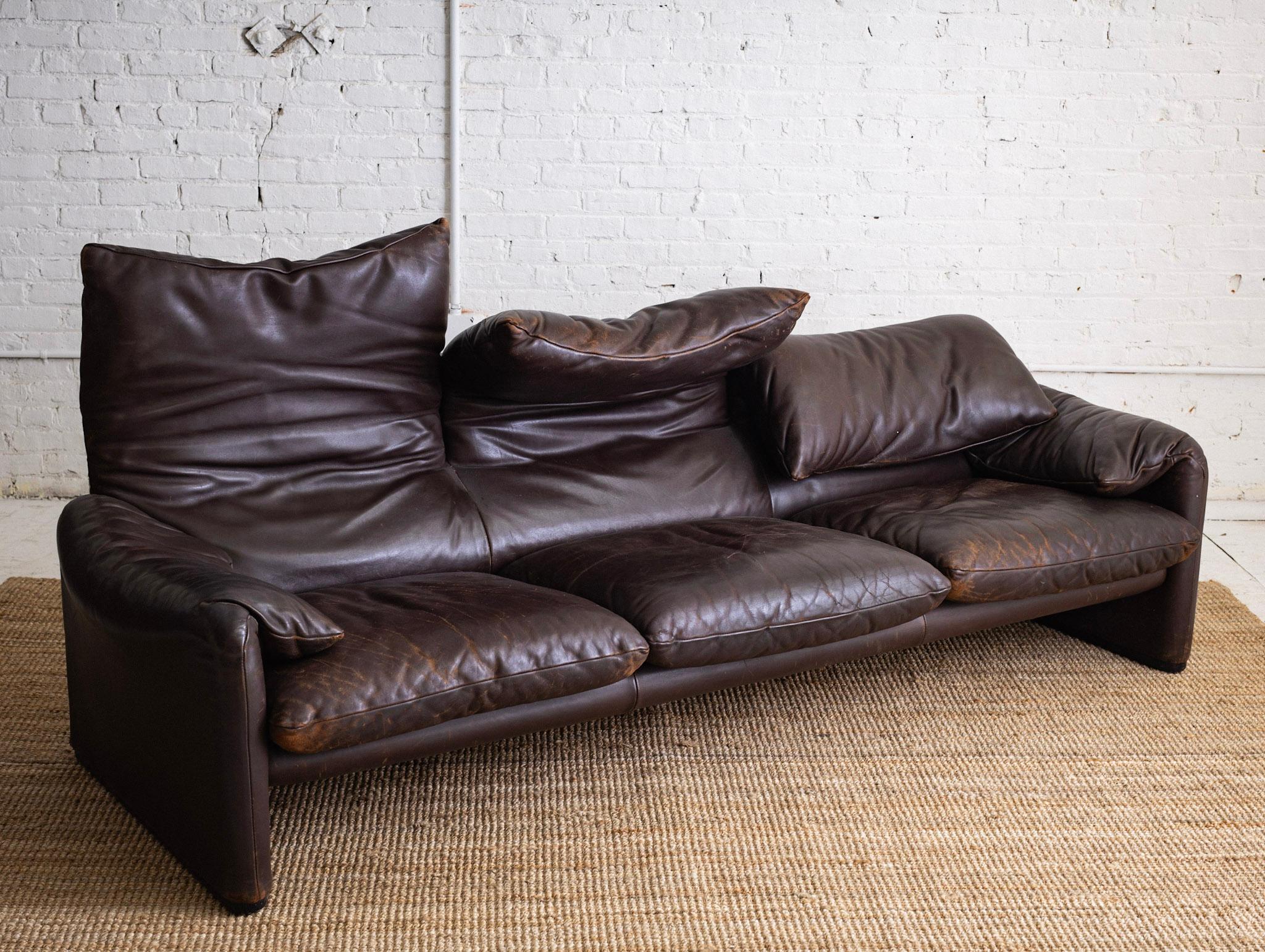 Space Age Maralunga 3 Seat Sofa by Vico Magistretti for Cassina in Chocolate Brown Leather