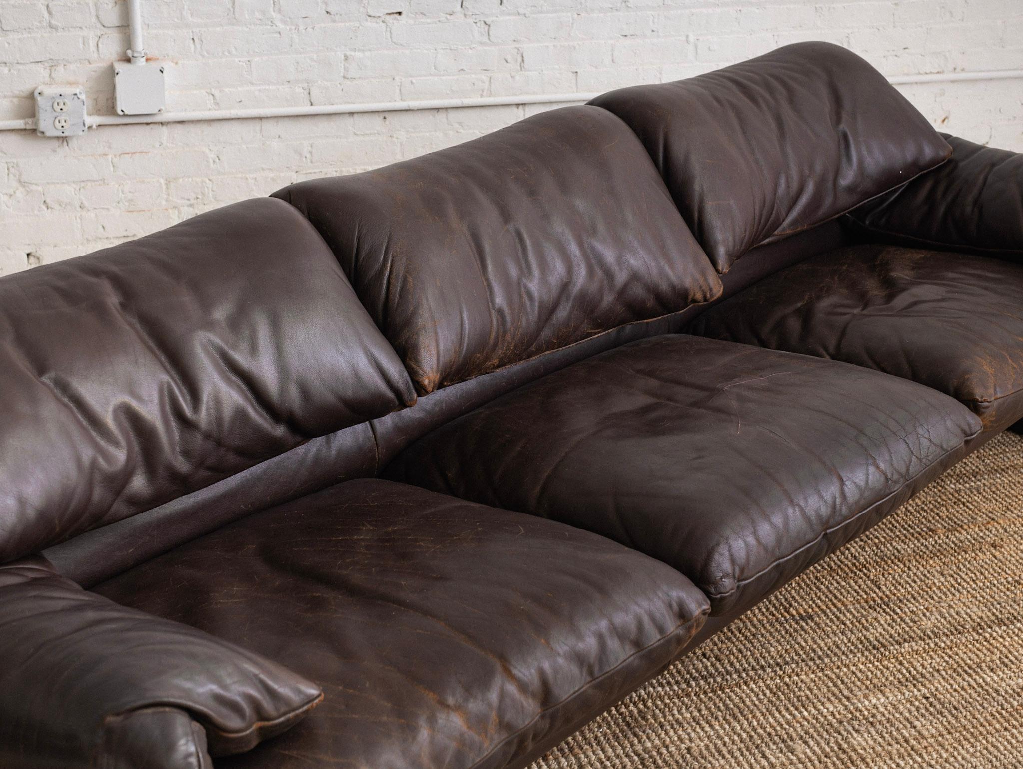 Maralunga 3 Seat Sofa by Vico Magistretti for Cassina in Chocolate Brown Leather 2