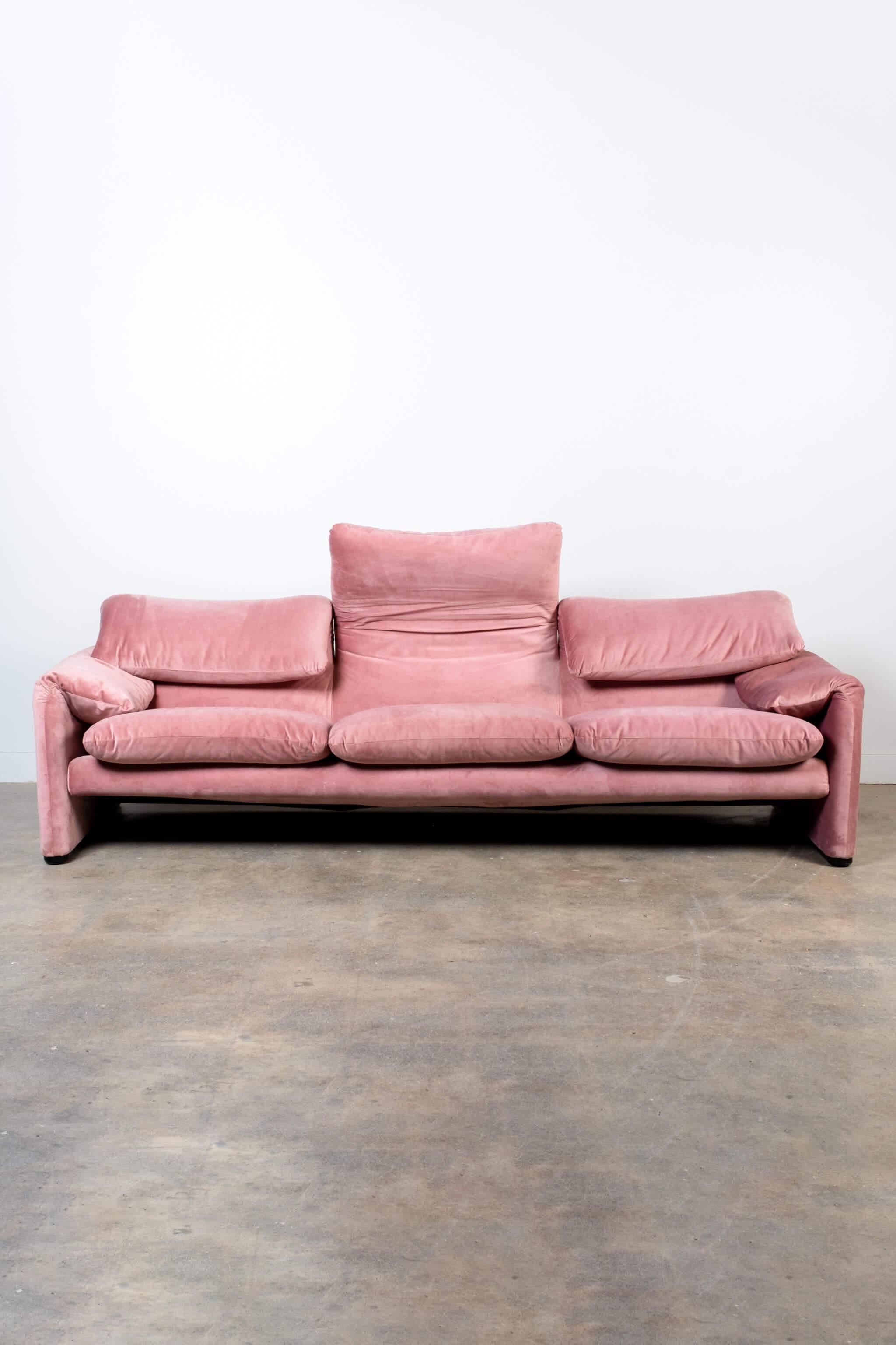 Italian Maralunga 3-Seater Sofa, Newly Reupholstered in Pink Velvet