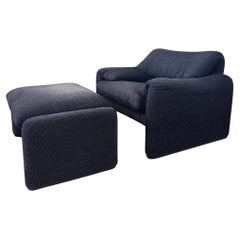 Vintage Maralunga Armchair and Ottoman by Vico Magistretti for Cassina Matte Black