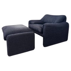 Maralunga Armchair and Ottoman by Vico Magistretti for Cassina Matte Black