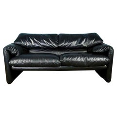 Maralunga Black Leather 2 Seater Sofa Vico Magistretti Cassina Mid Century