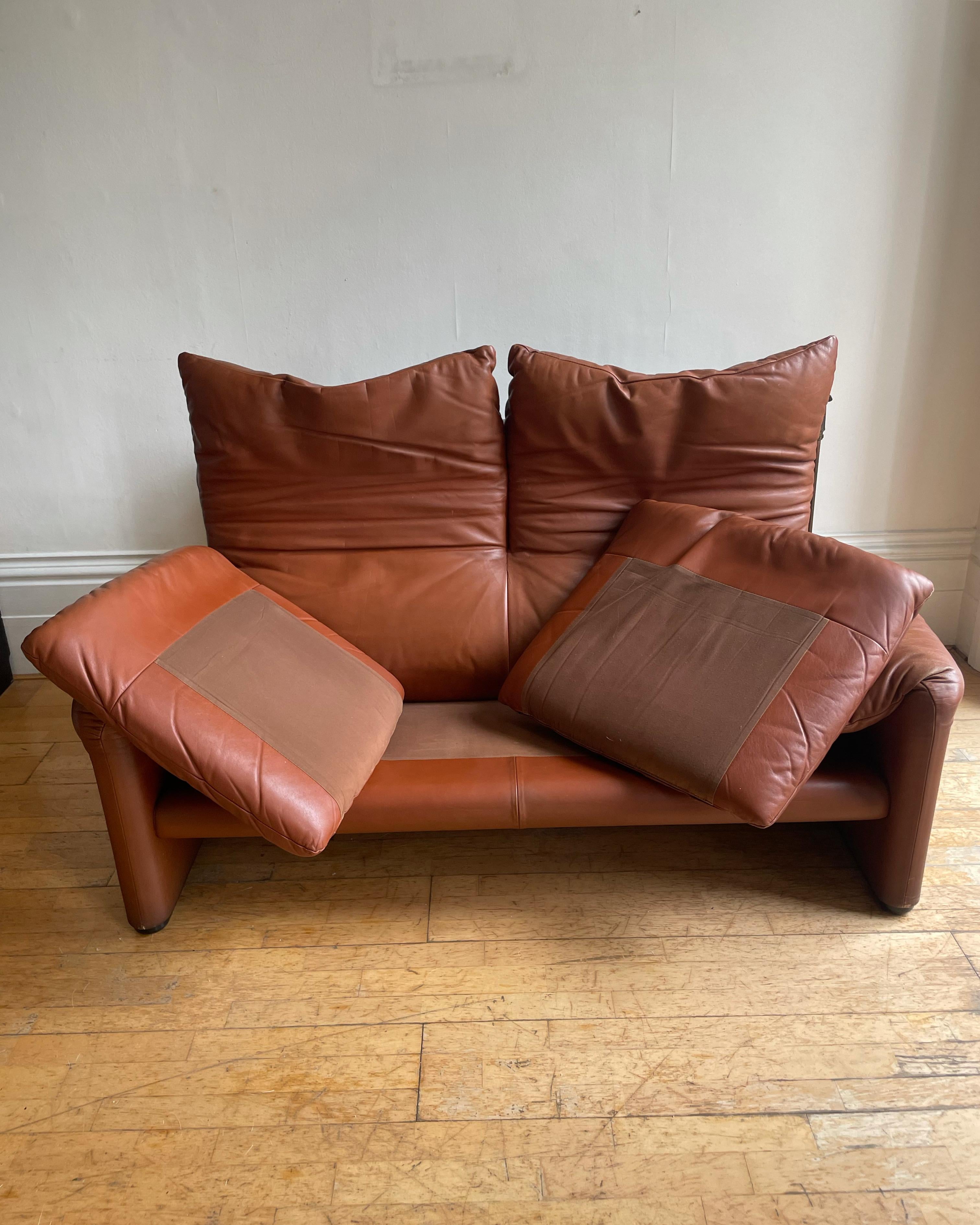Italian Maralunga Brown Leather Two Seater Sofa by Vico Magistretti, Vintage