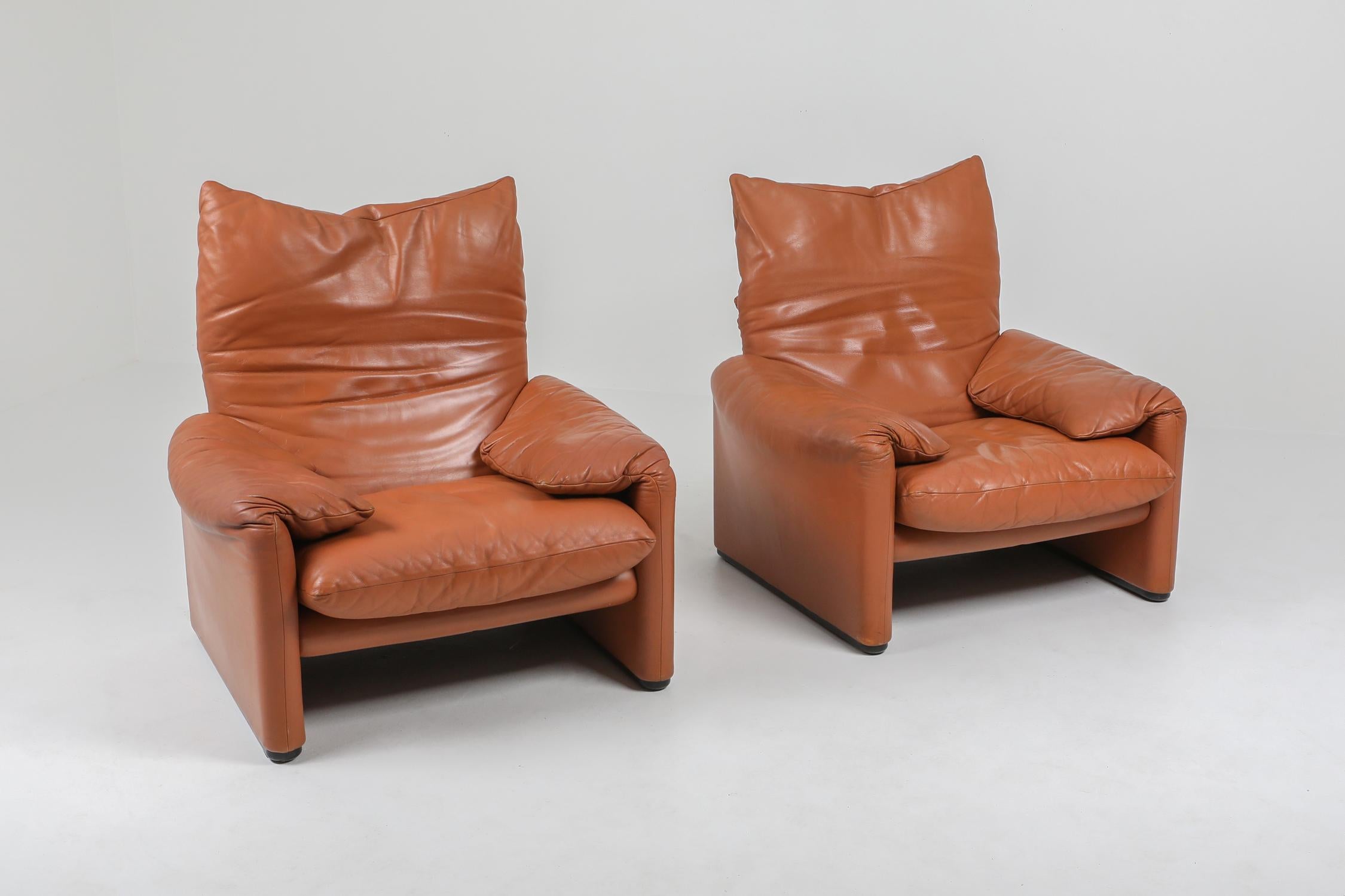 European Maralunga Cognac Leather Club Chairs by Vico Magistretti for Cassina, 1974
