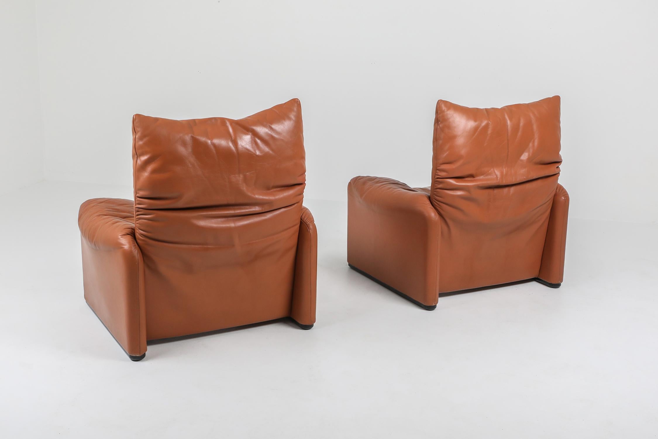 Maralunga Cognac Leather Club Chairs by Vico Magistretti for Cassina, 1974 In Good Condition In Antwerp, BE