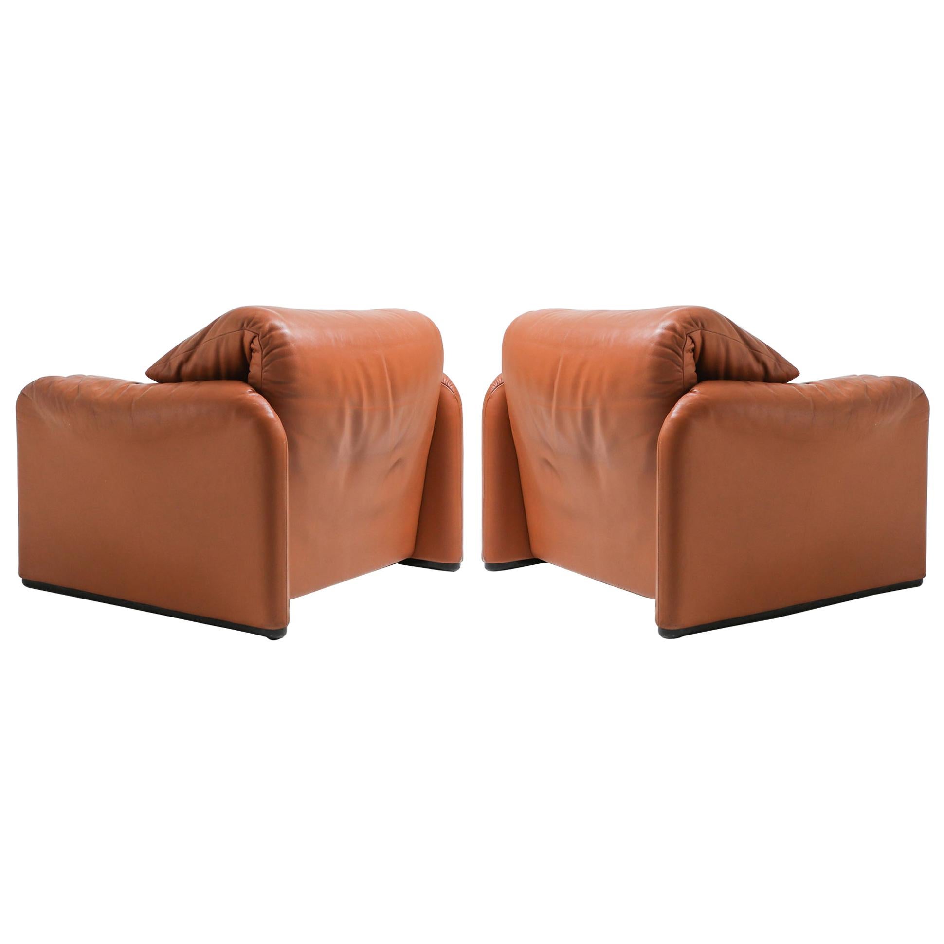 Maralunga Cognac Leather Club Chairs by Vico Magistretti for Cassina, 1974