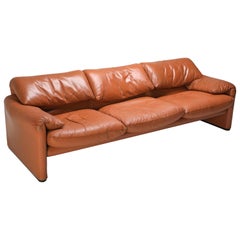 Maralunga Cognac Leather Couch by Vico Magistretti for Cassina, 1974