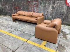 "Maralunga" Cognac Leather Sitting Group by Magistretti for Cassina, Italy 1970s