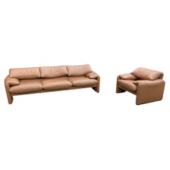 "Maralunga" Cognac Leather Sitting Group by Magistretti for Cassina, Italy 1970s