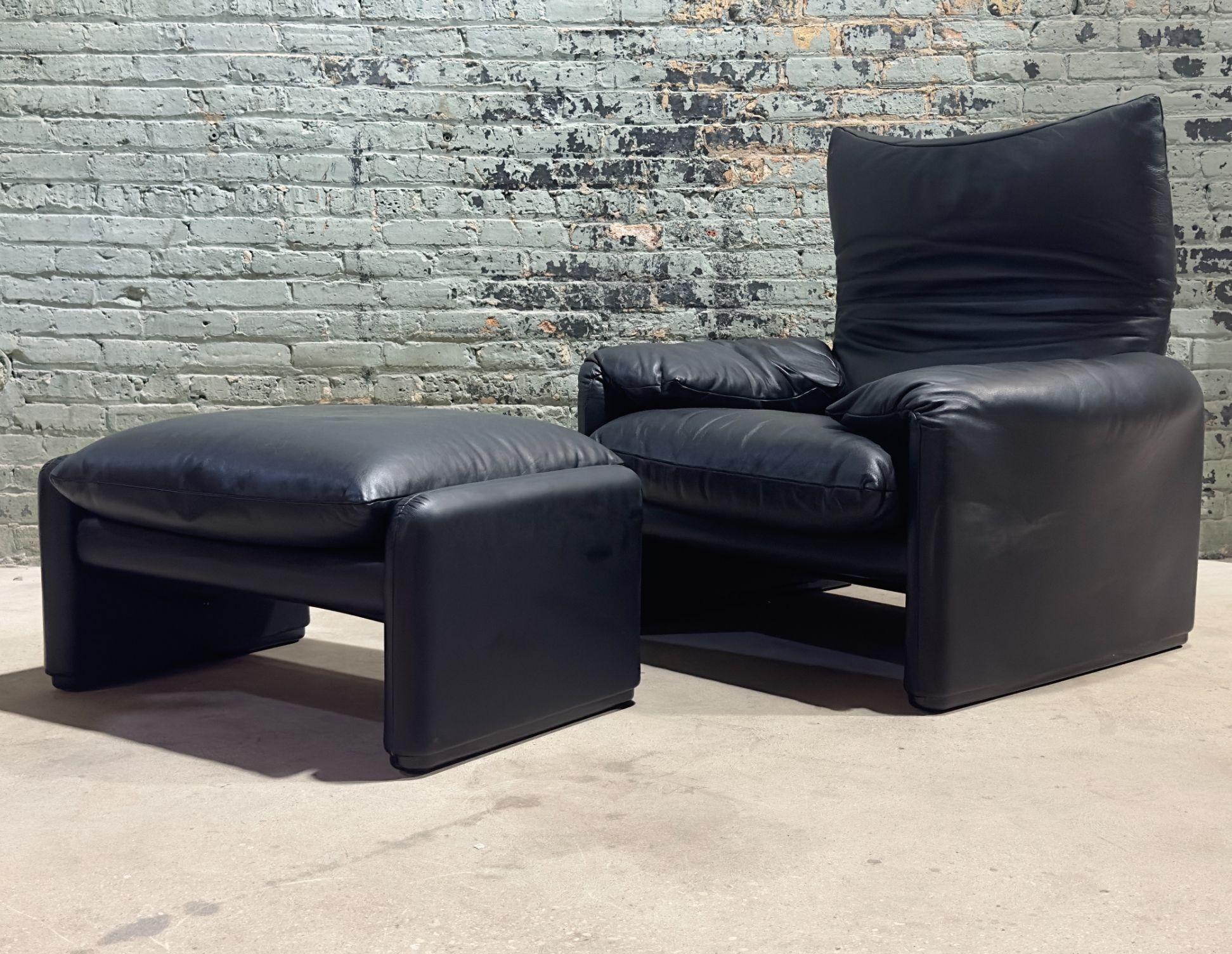 Mid-Century Modern Maralunga Leather Lounge Chair w/Ottoman by Vico Magistretti for Cassina, Italy