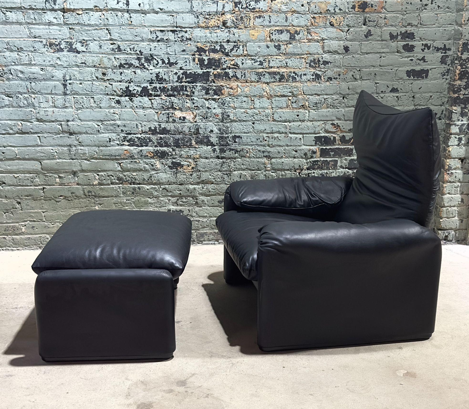 Italian Maralunga Leather Lounge Chair w/Ottoman by Vico Magistretti for Cassina, Italy