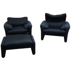 Loungesessel und Ottomane „Maralunga“ von Vico Magistretti für Cassina, um 1970