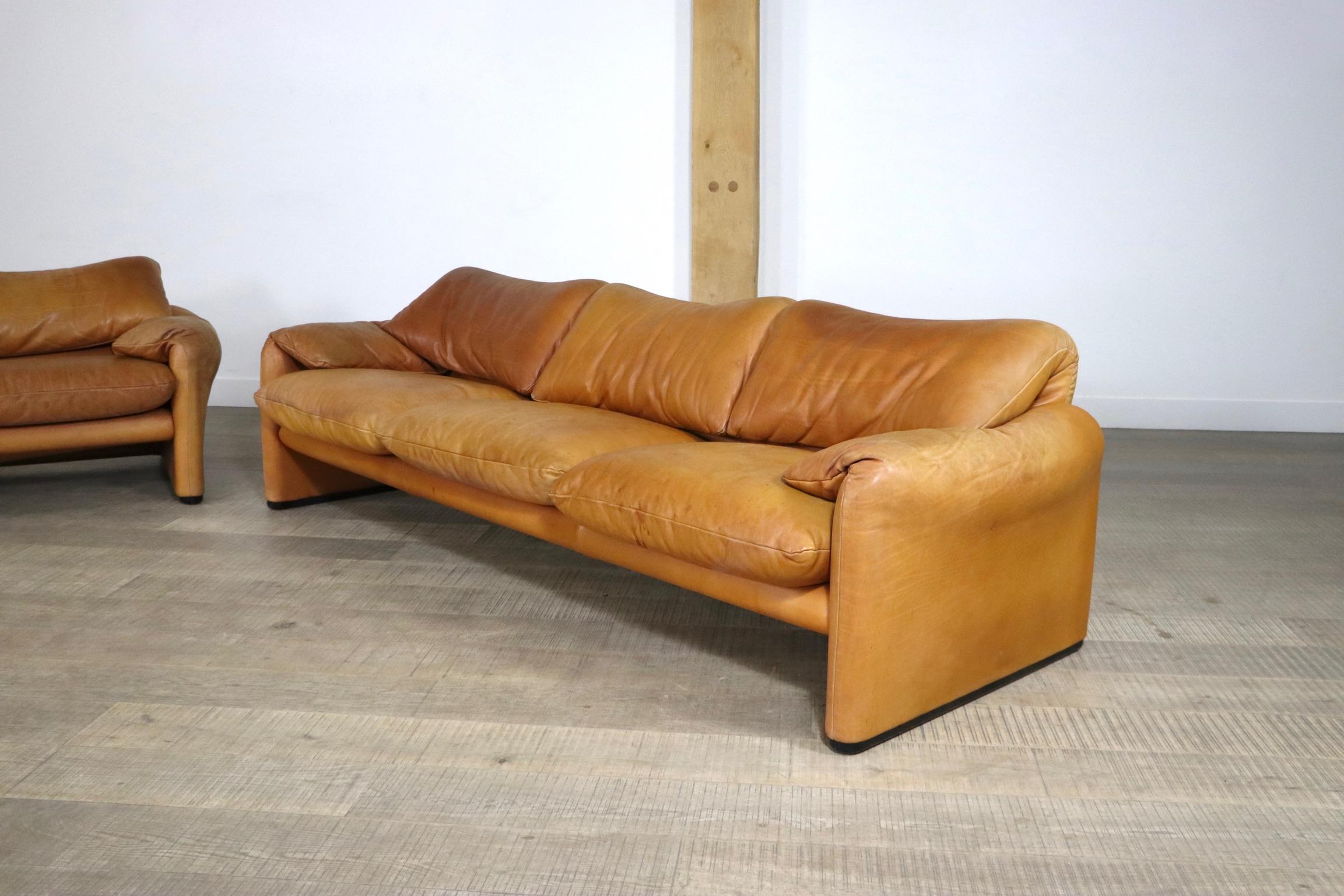 Maralunga Set in Cognac Leather by Vico Magistretti for Cassina, 1970s 4