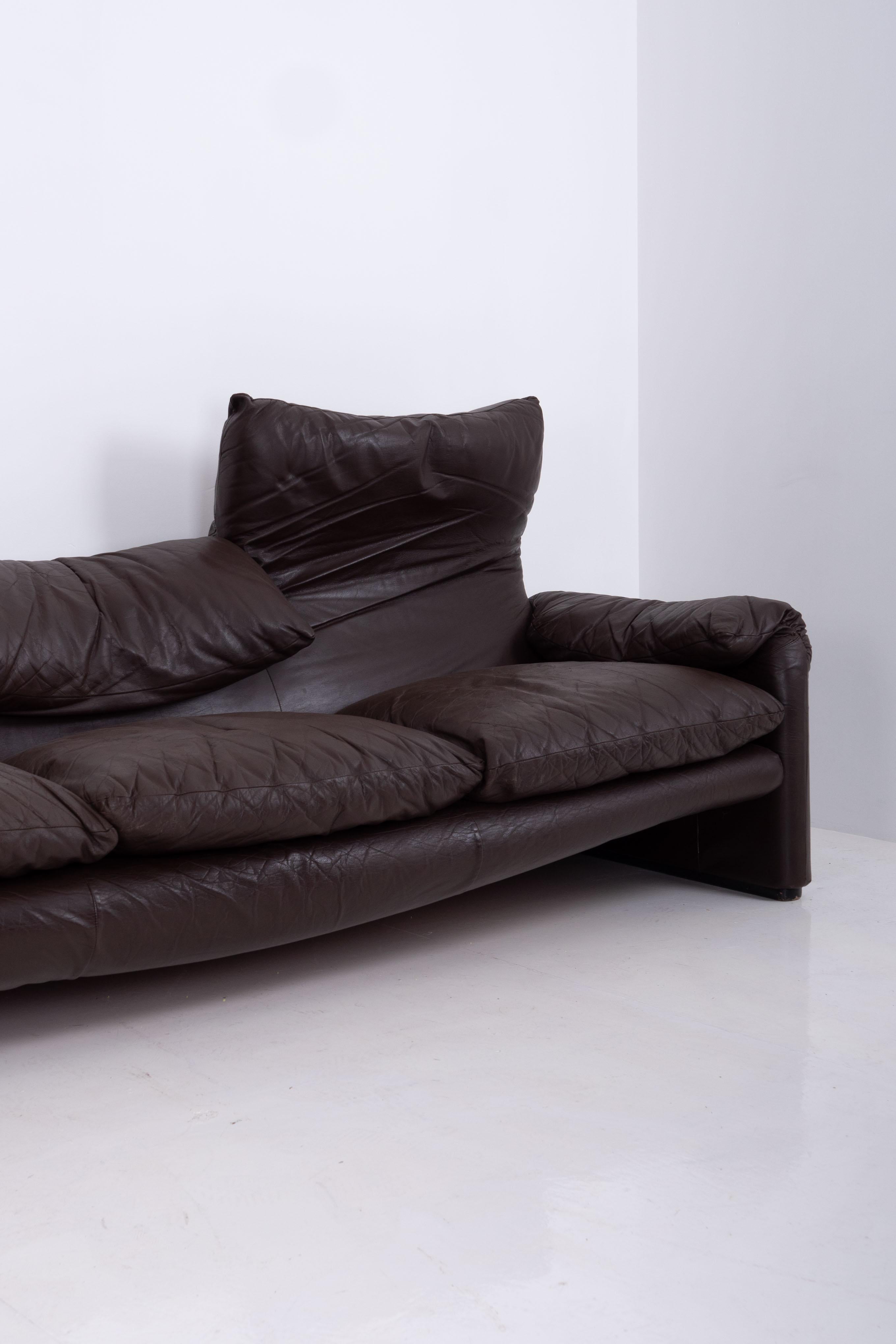 Italian Maralunga Sofa by Vico Magistretti for Cassina, Dark Brown Leather For Sale