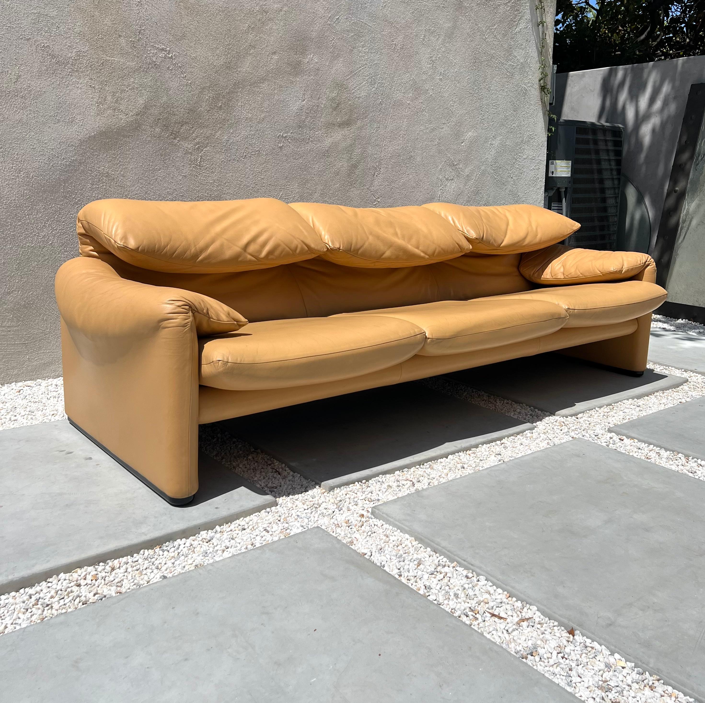 Italian Maralunga Sofa in Cognac Leather by Vico Magistretti for Cassina, 1970s