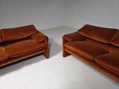Maralunga sofa set in burnt orange velvet by Vico Magistretti for Cassina, 1970s