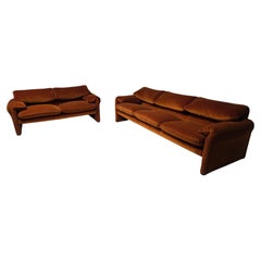 Maralunga sofa set in burnt orange velvet by Vico Magistretti for Cassina, 1970s