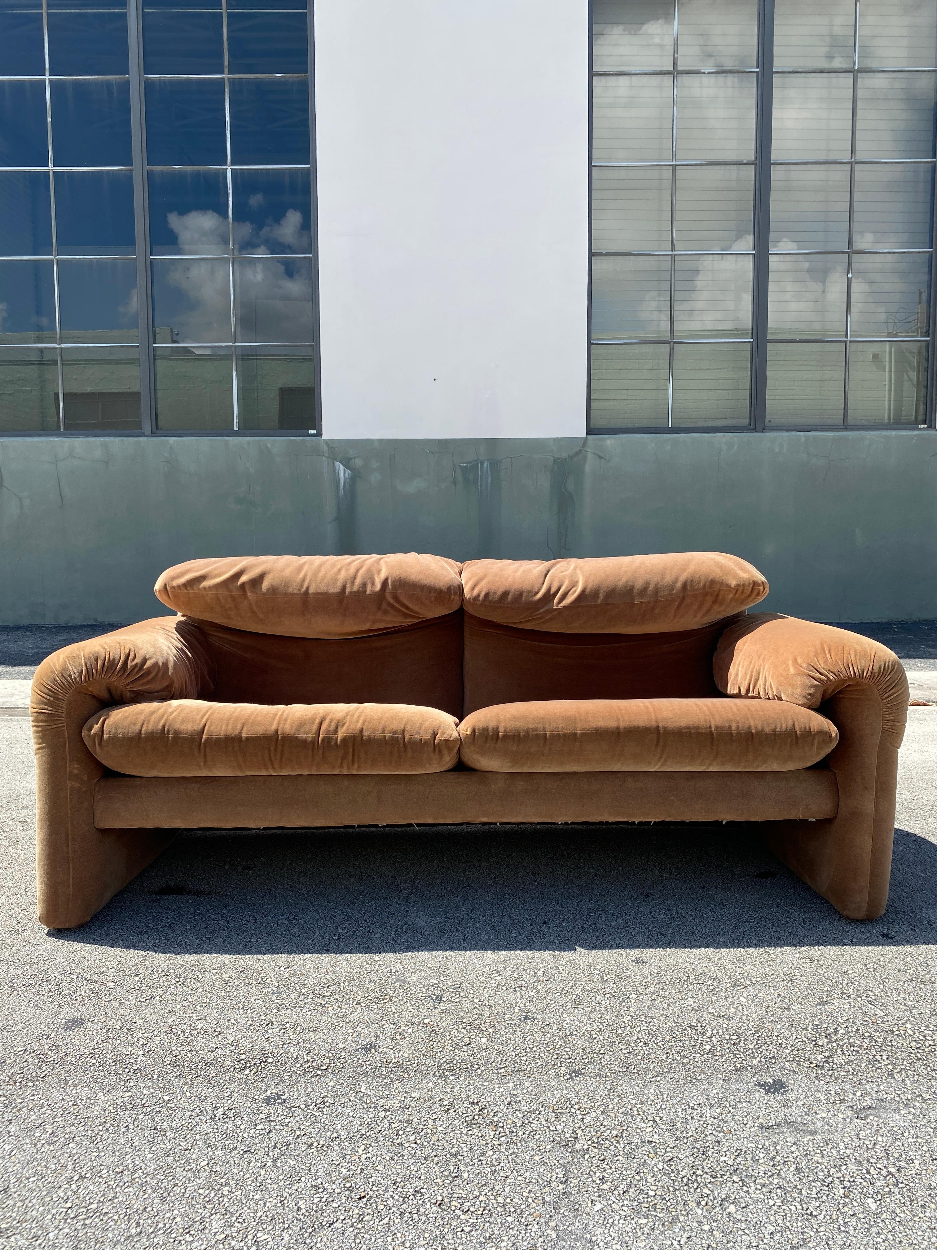 Vintage Maralunga style two seater sofas by Selig, Circa 1970s in soft brown cotton velvet.

Fabric is in good vintage condition, with even mild sun discoloration. Video available upon request.

Measures: 67” W x 30.5” D x 29” H x 17”Seat H x