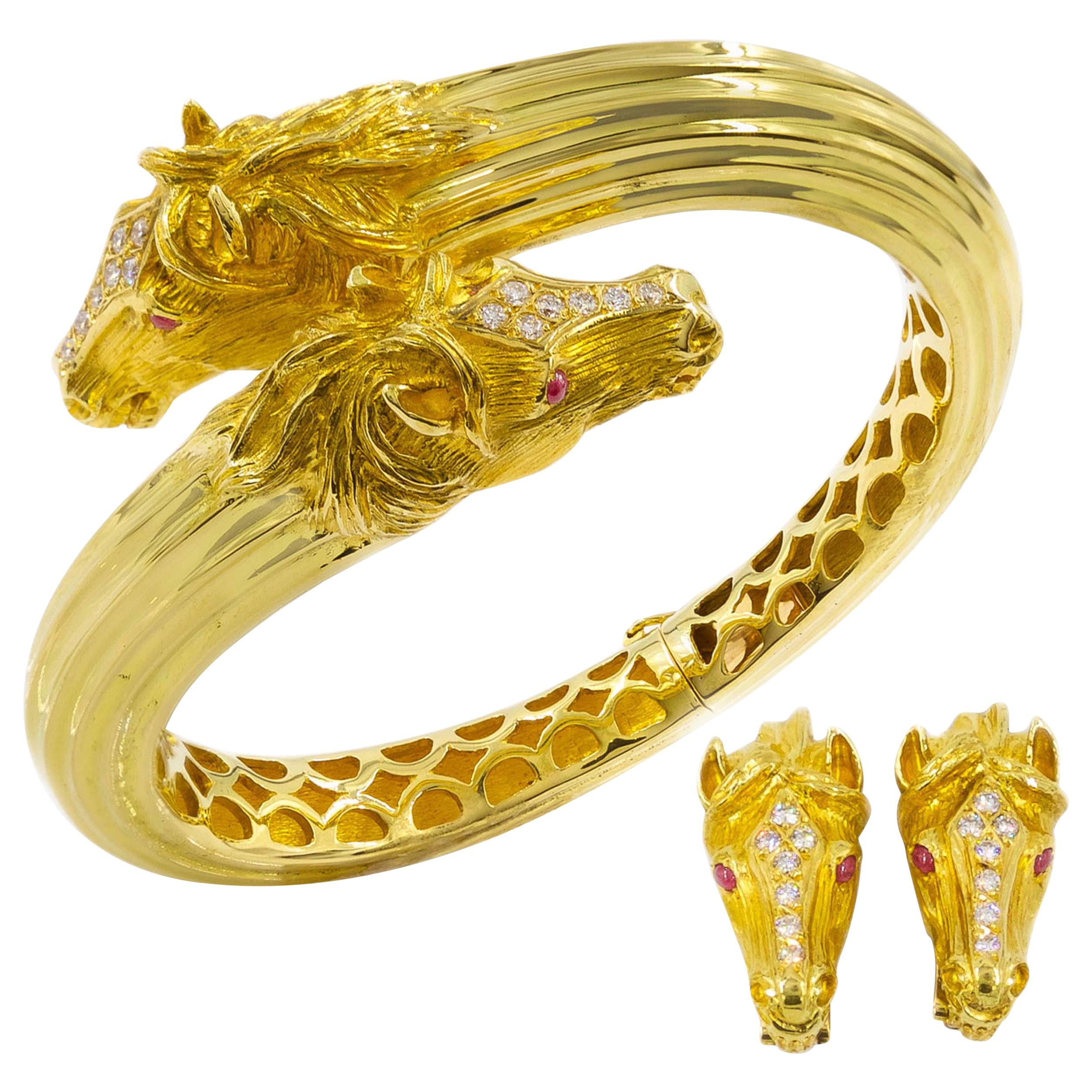 Maramenos & Pateras Pulsera y Pendientes Caballo de Oro de 18k, Diamantes y Rubíes