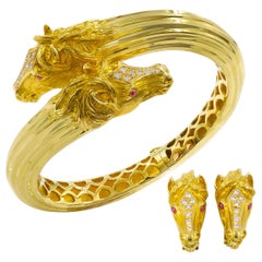 Maramenos & Pateras 18k Gold, Diamond and Ruby Horse Bracelet and Earrings