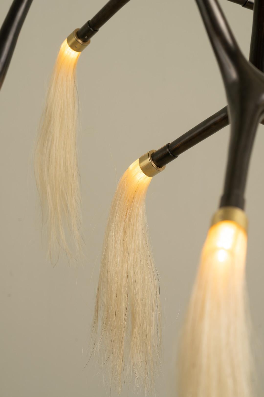 Mexican Organic Modern Light Fixture Lost-Wax Bronze Vintage Finish Horsehair Tassels For Sale