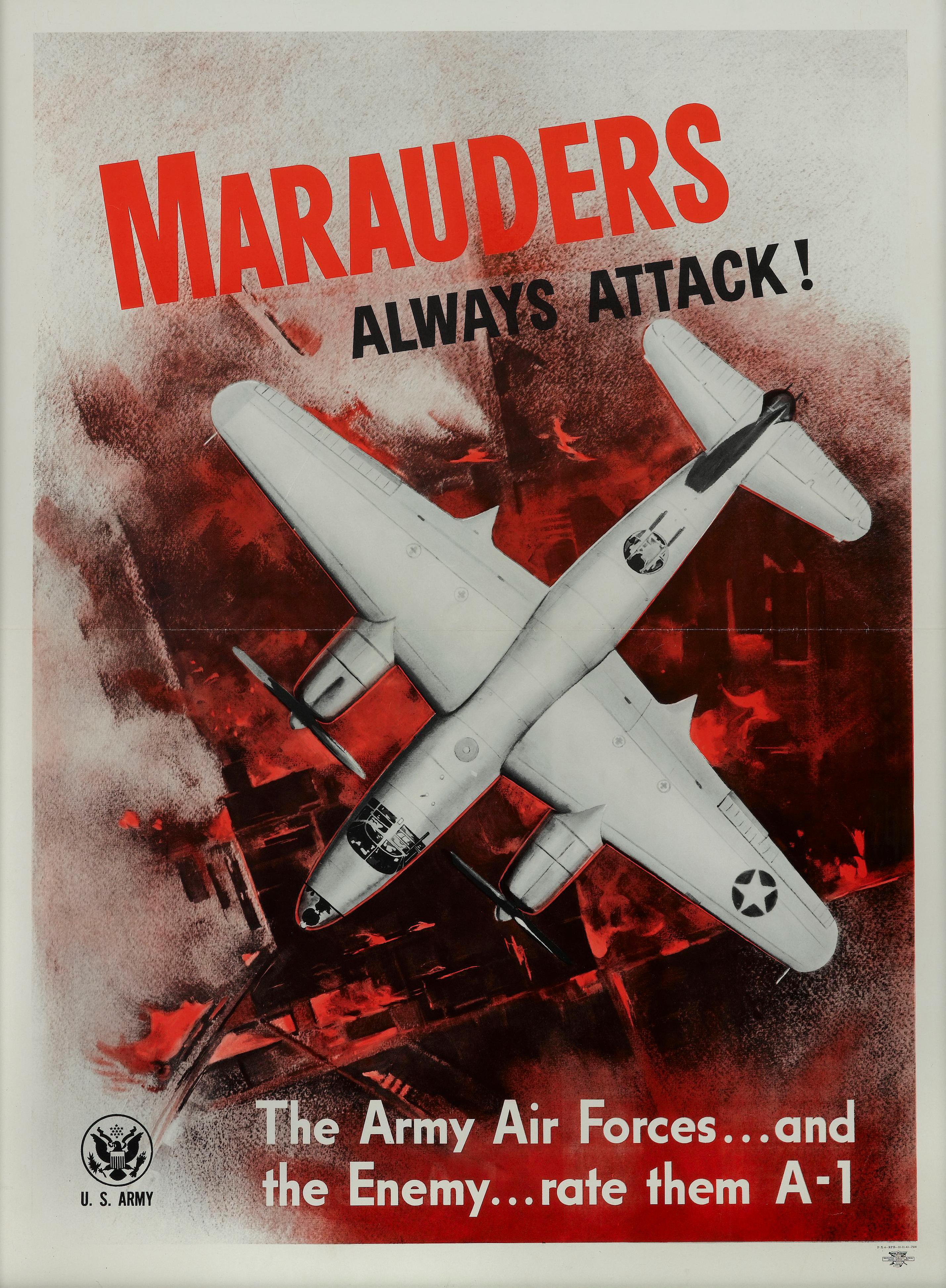 Präsentiert wird ein Vintage WWII U.S. Army Poster eines Martin B-26 Marauder Bombers  Ebene. Das Plakat wurde 1943 vom Recruiting Publicity Bureau veröffentlicht. Das Plakat zeigt eine B-26 aus der Vogelperspektive, die dramatisch über einer rot