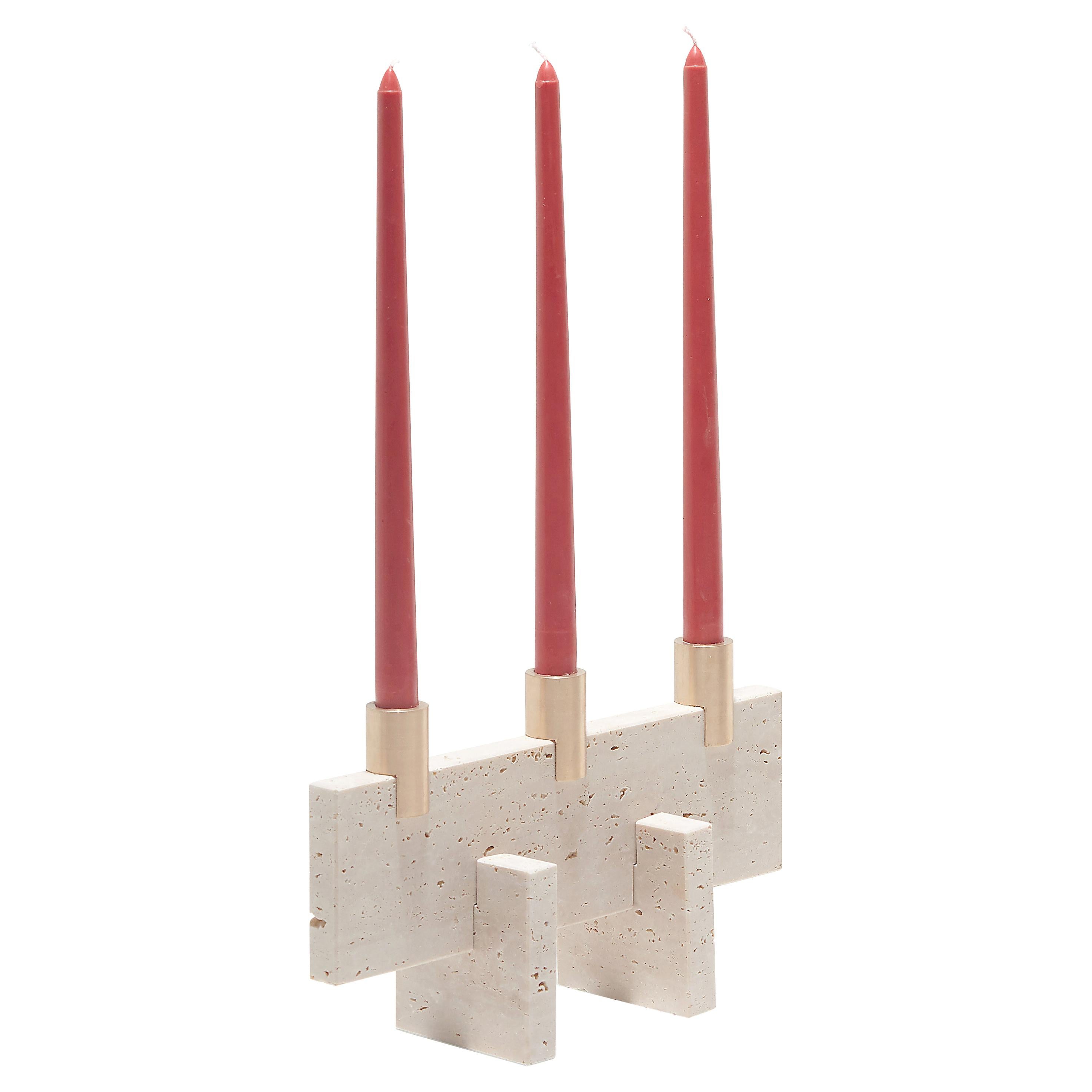 “Fit Candle Three” Travertine Marble Minimalist Candle Holder by Aparentment For Sale