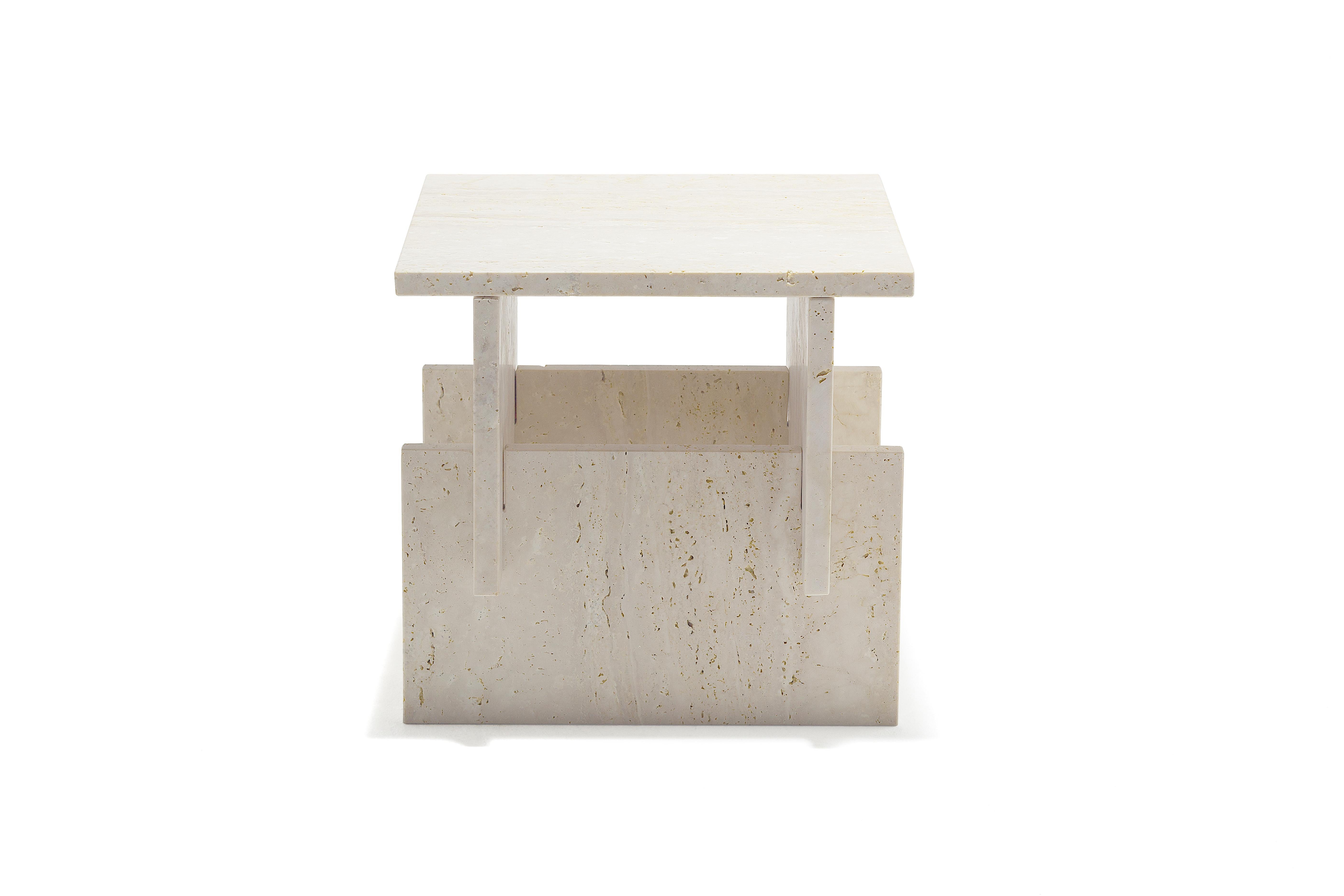 Marbelous fit side table in Minimalist style is a low table composed of stone piece overhanging two legs both in the same material, and forming a harmonical and logical assembly. Josep Vila Capdevila seeks the essence of objects through the shape